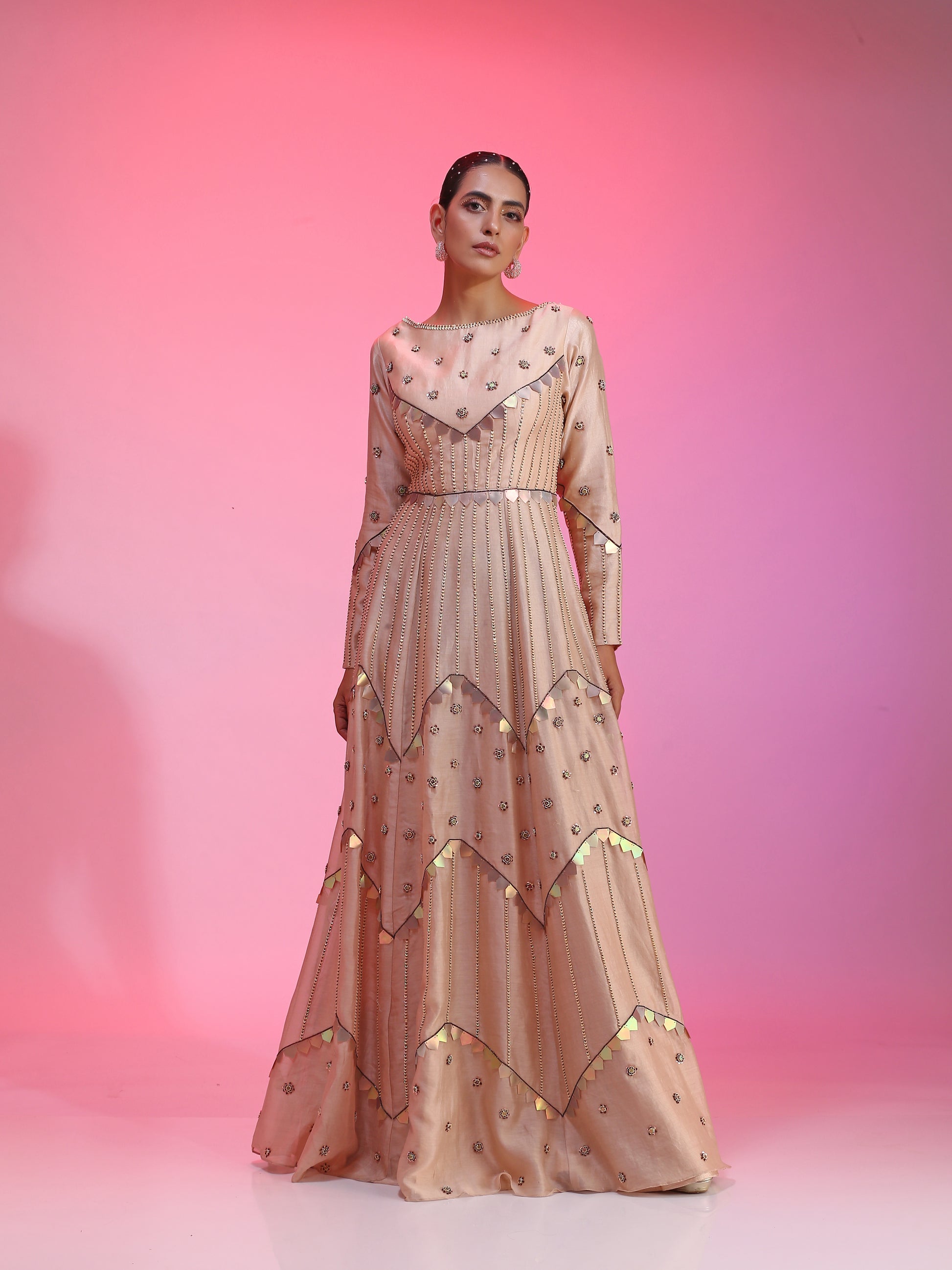 Nude Powder Pink Peach Chanderi Multichrome Sequin Kalidar Gown
