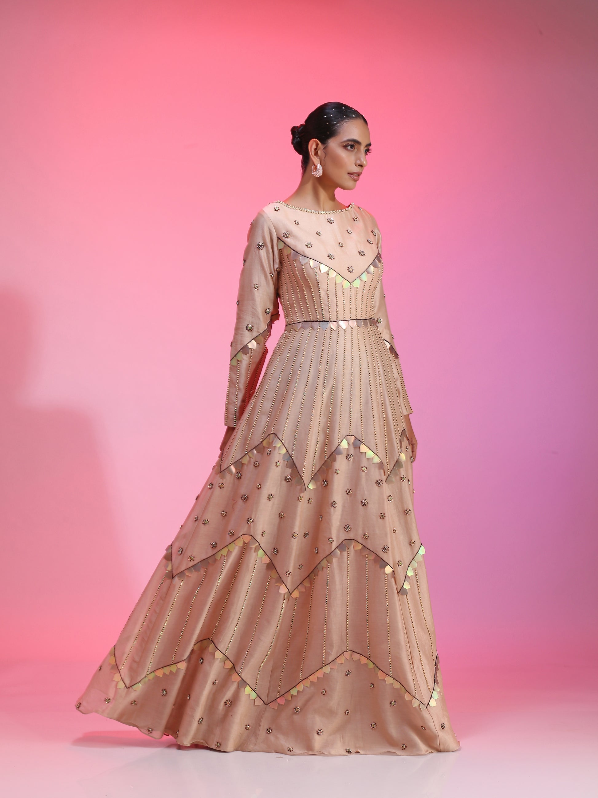 Nude Powder Pink Peach Chanderi Multichrome Sequin Kalidar Gown