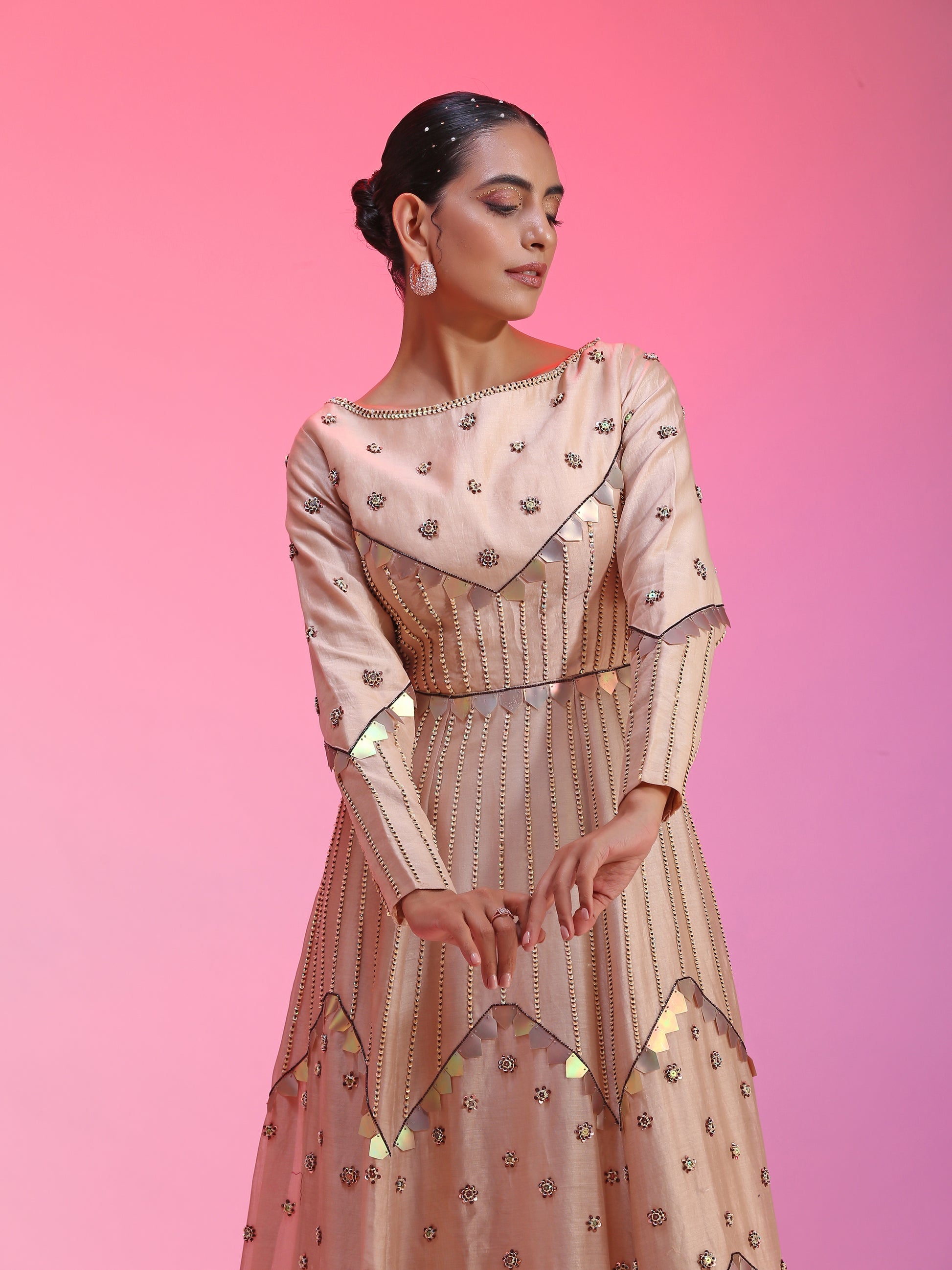 Nude Powder Pink Peach Chanderi Multichrome Sequin Kalidar Gown