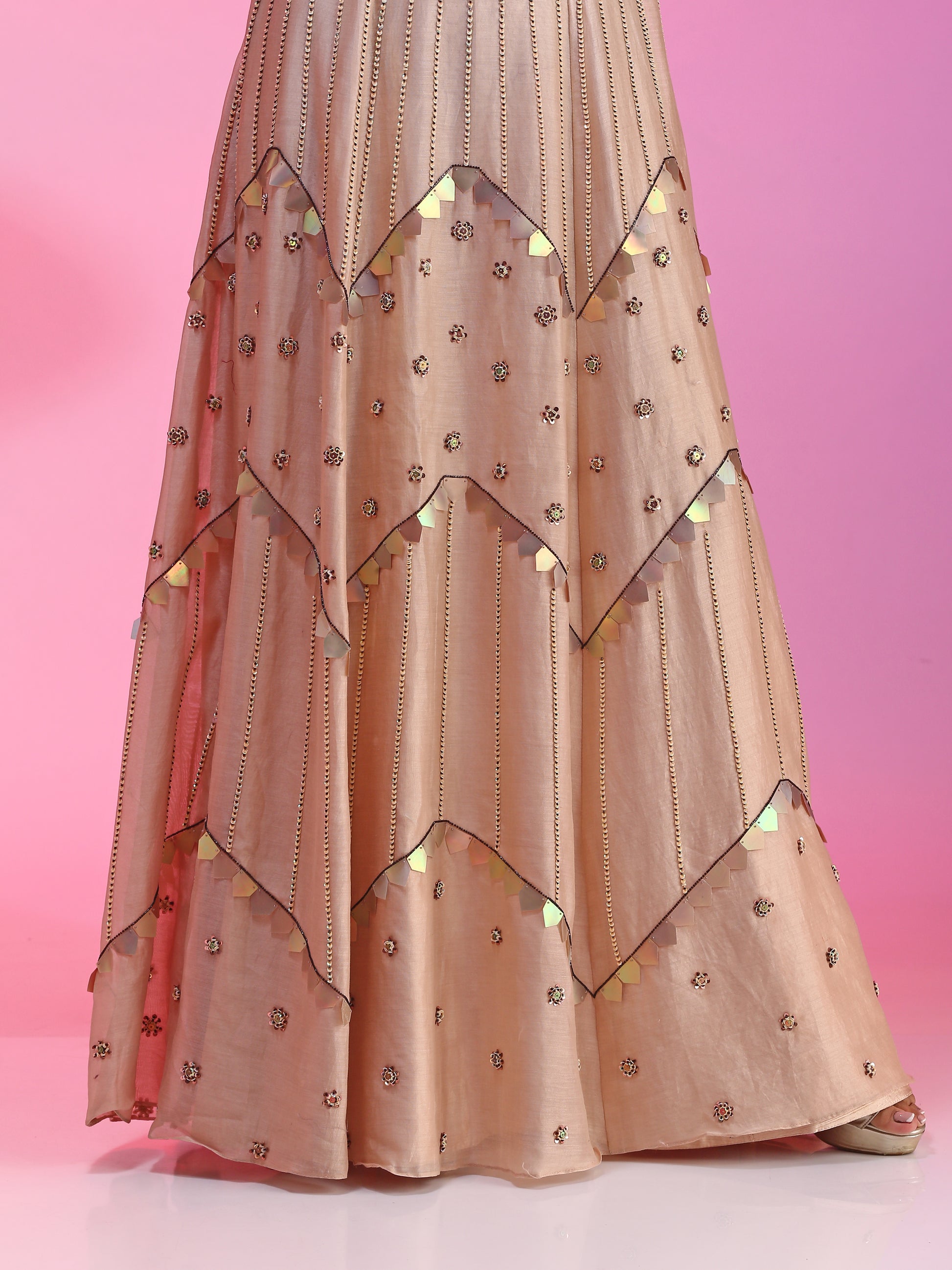 Nude Powder Pink Peach Chanderi Multichrome Sequin Kalidar Gown