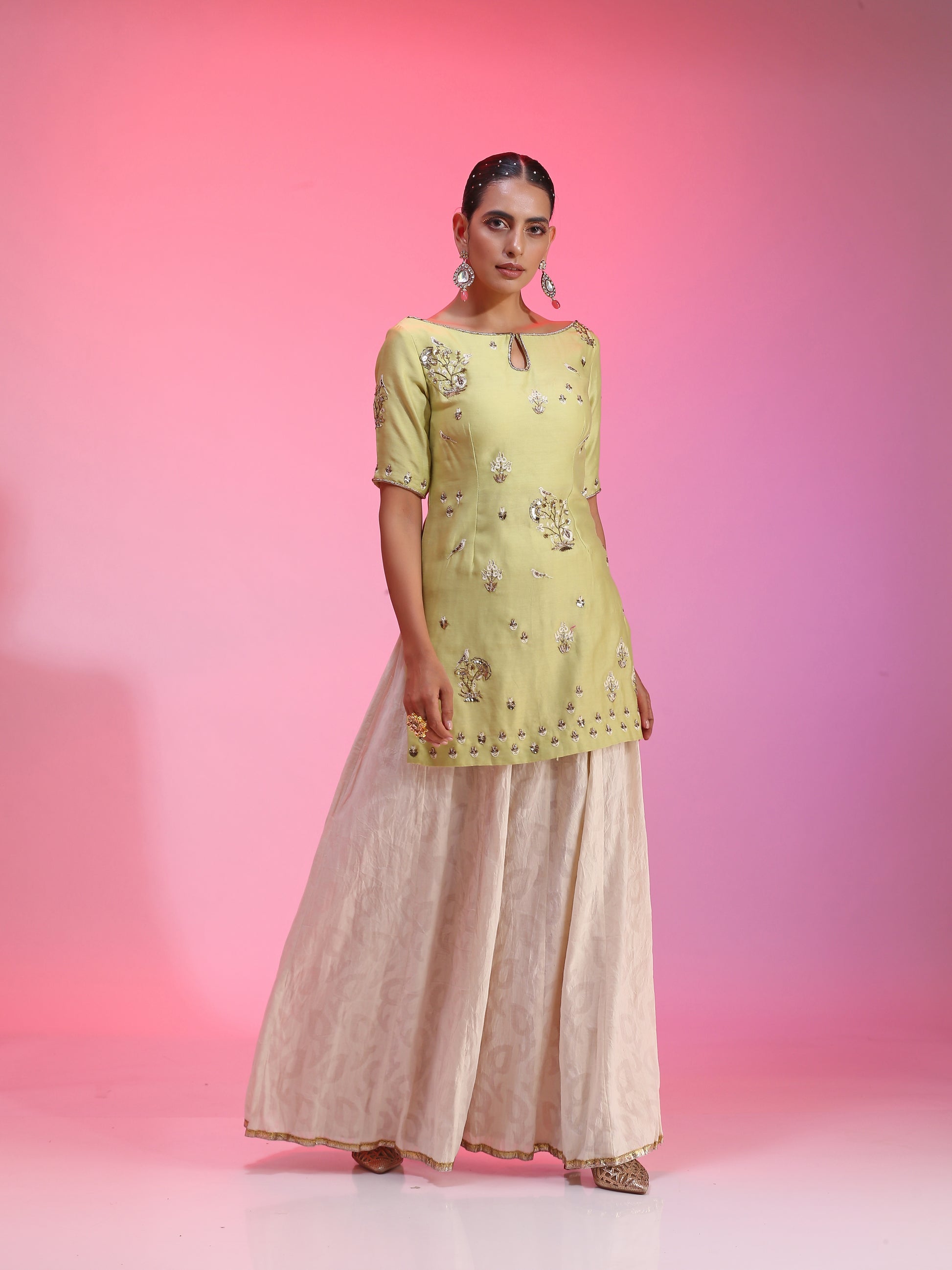 Ivory Silk Cotton Net Zardozi Mukaish Green Sharara Set Resham Dabka