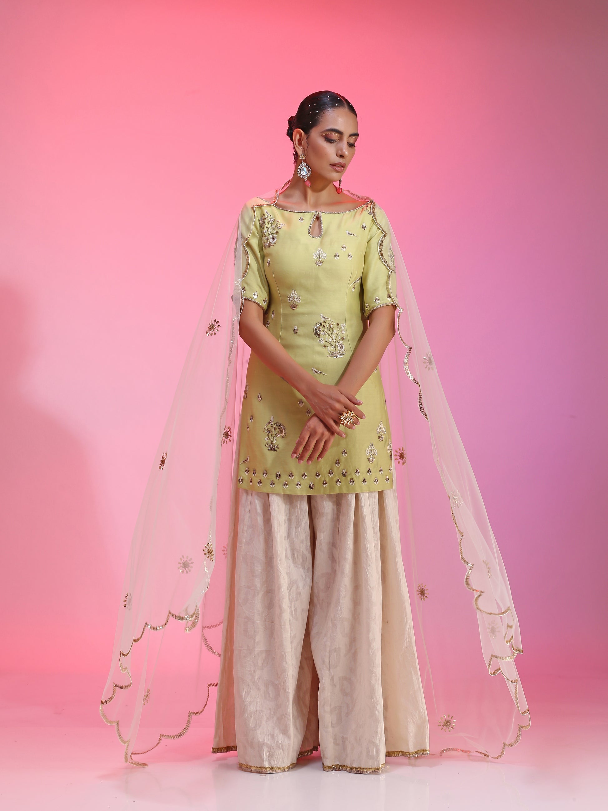 Ivory Silk Cotton Net Zardozi Mukaish Green Sharara Set Resham Dabka