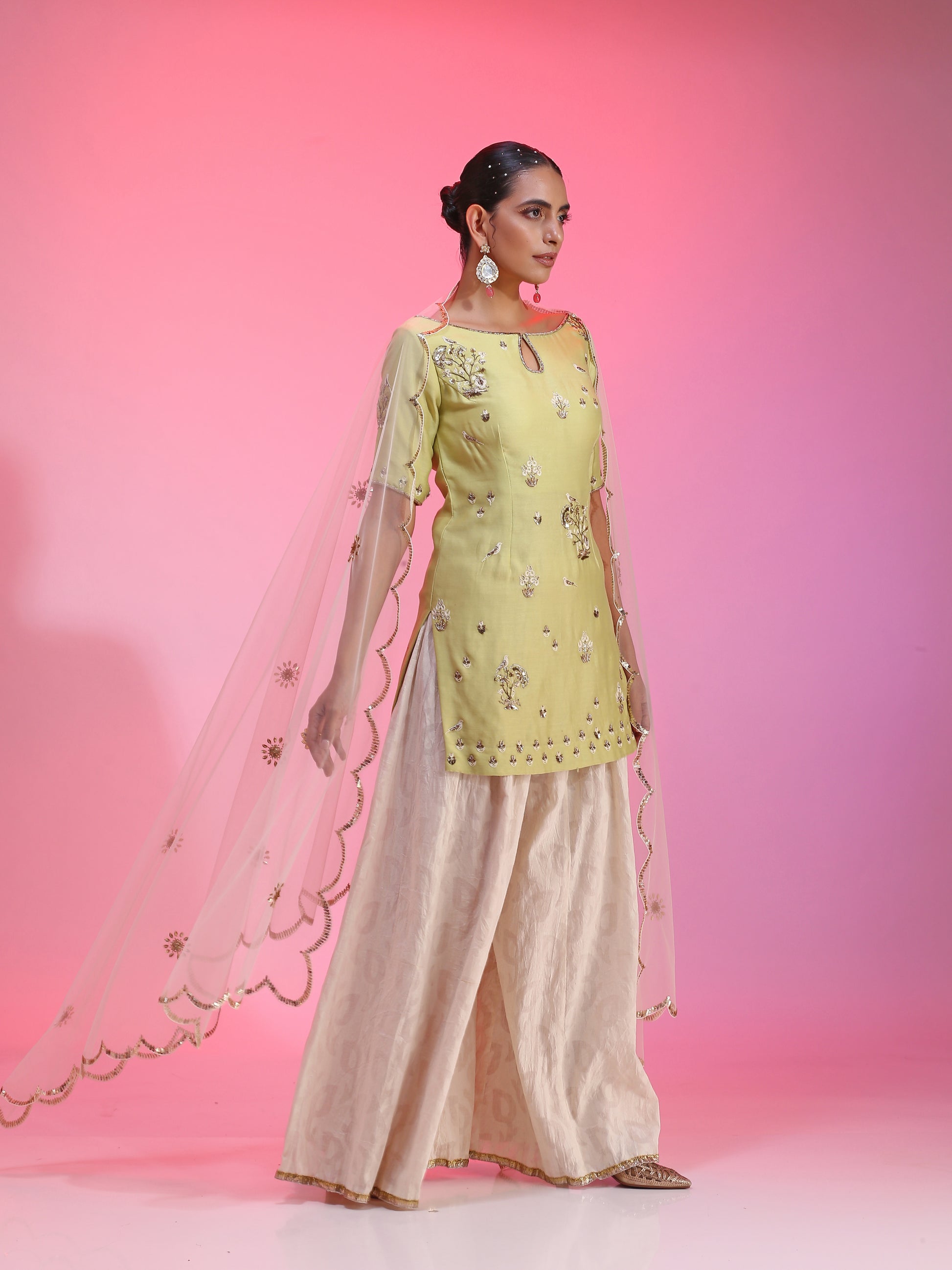 Ivory Silk Cotton Net Zardozi Mukaish Green Sharara Set Resham Dabka