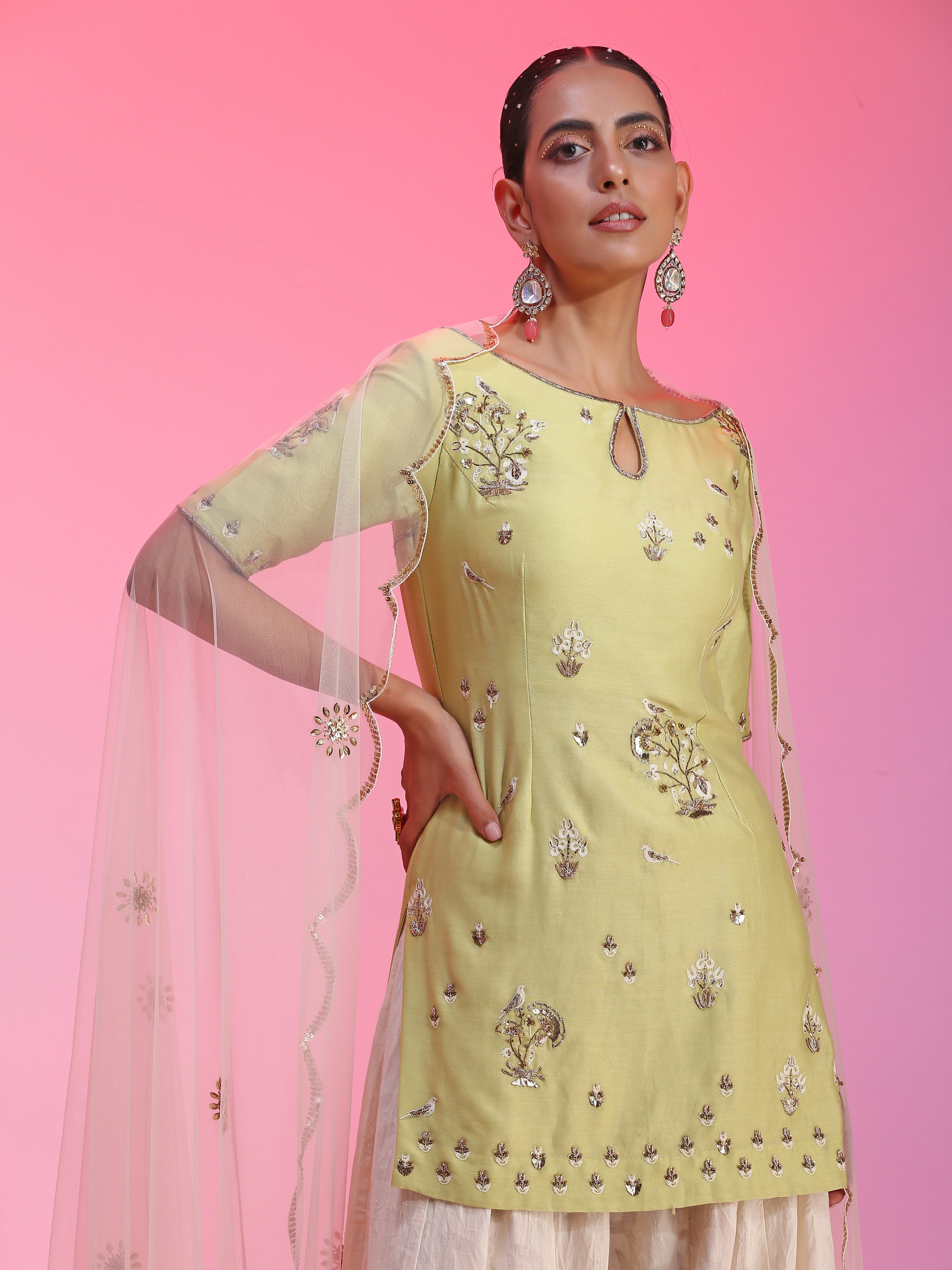 Ivory Silk Cotton Net Zardozi Mukaish Green Sharara Set Resham Dabka