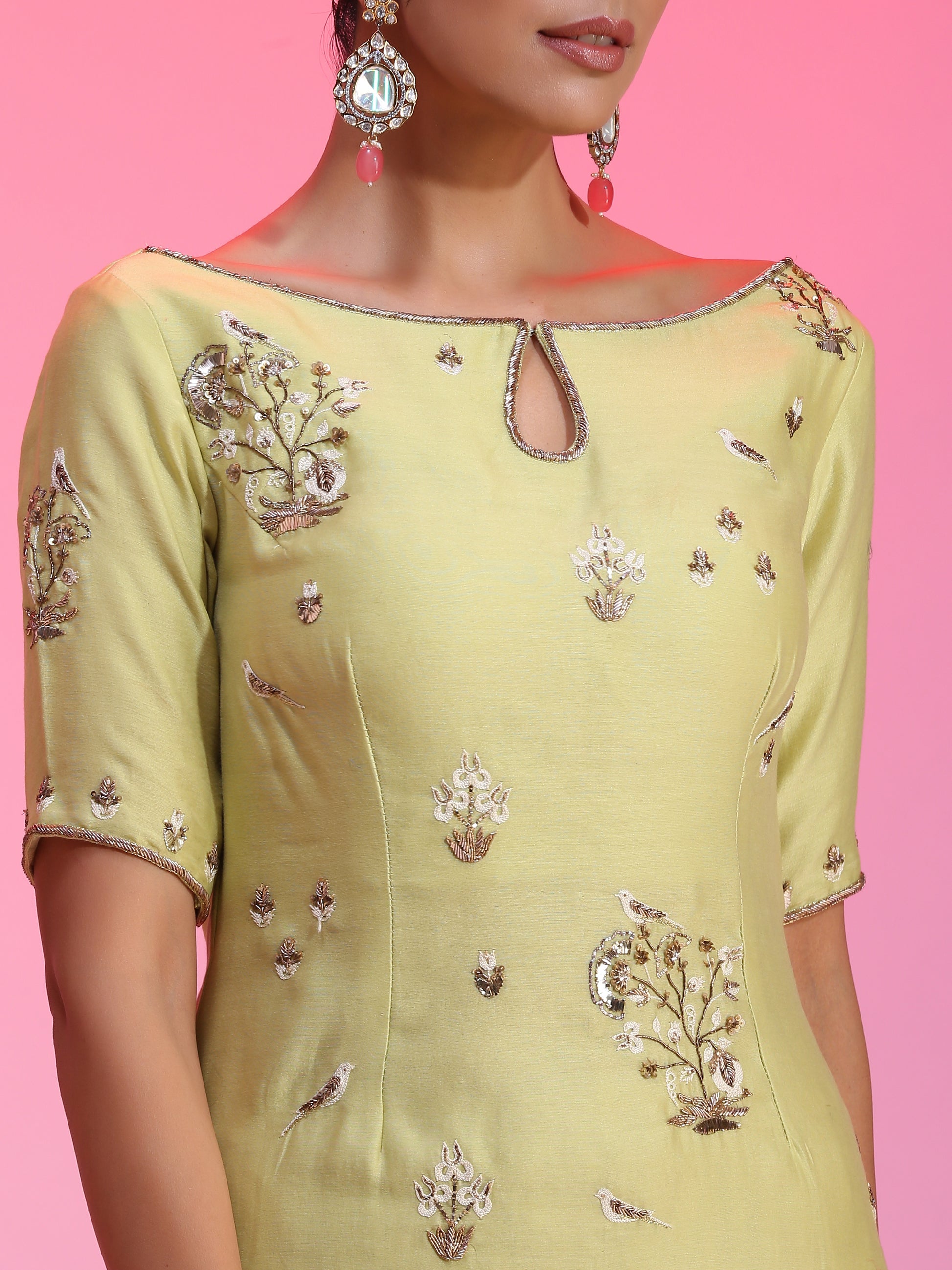 Ivory Silk Cotton Net Zardozi Mukaish Green Sharara Set Resham Dabka