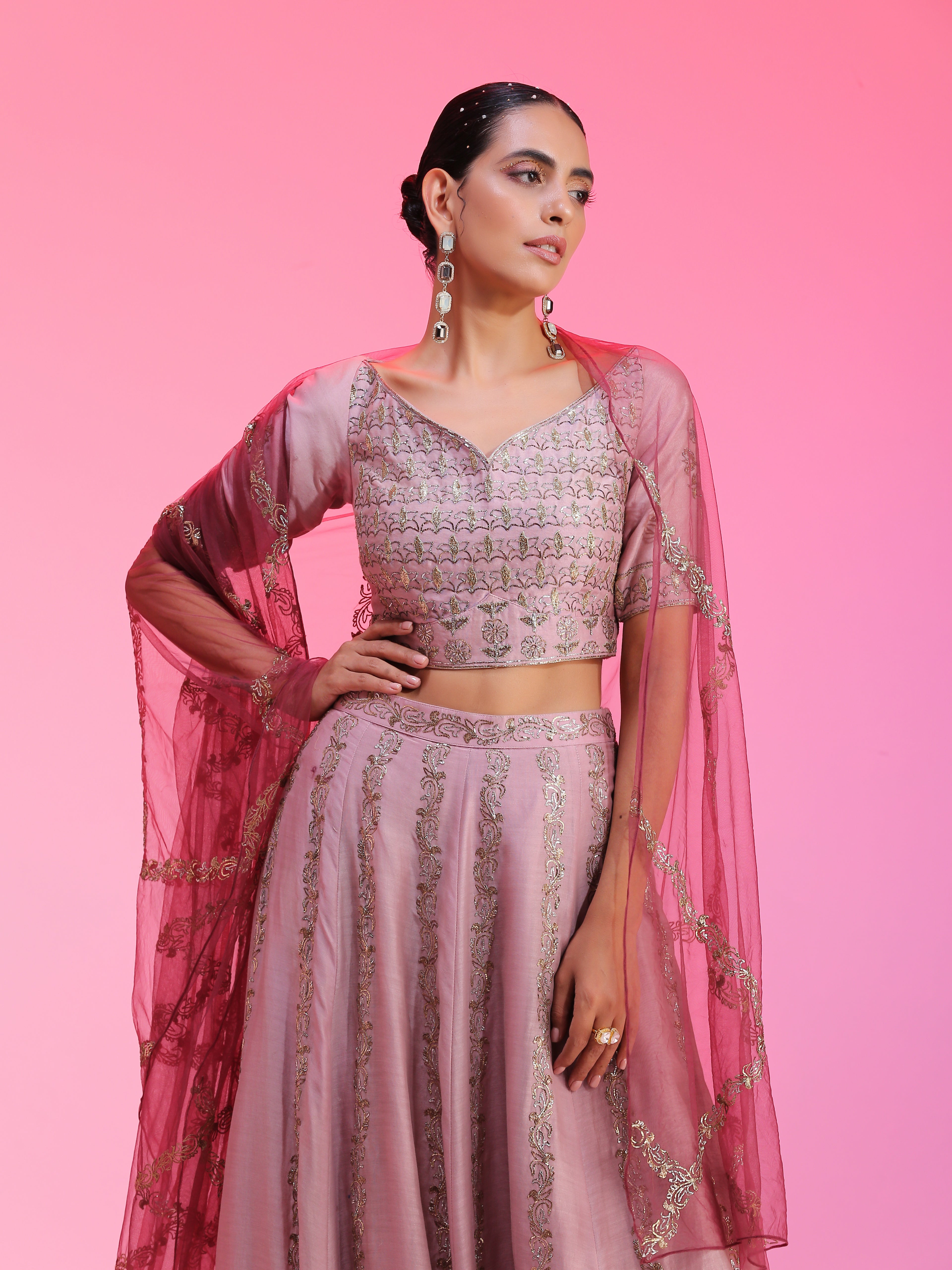 Dusty Pink Purple Mauve Chanderi Pitta Work Lehenga Wine Net Dupatta