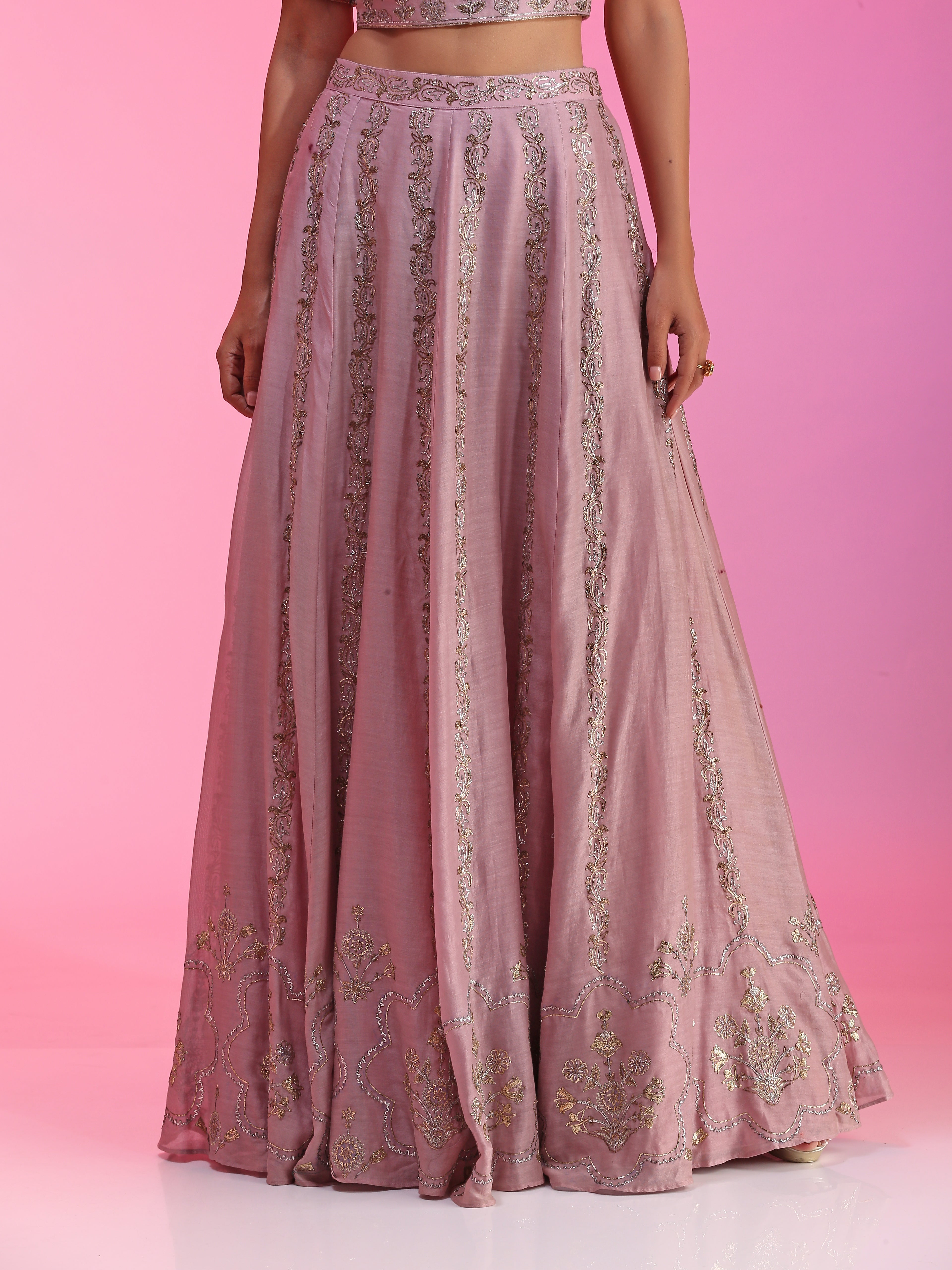 Dusty Pink Purple Mauve Chanderi Pitta Work Lehenga Wine Net Dupatta