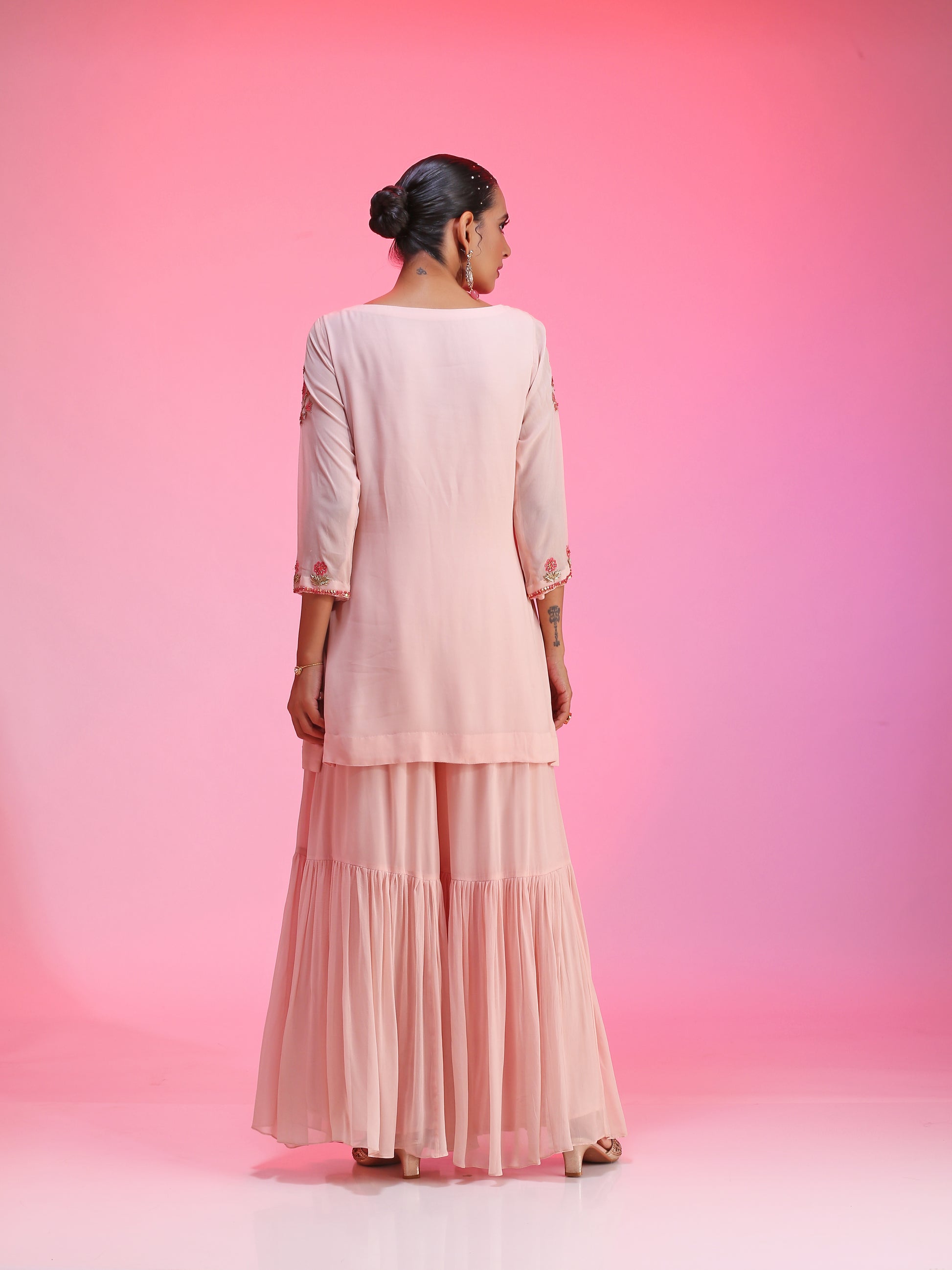 Relaxed Pink Georgette Resham Gotta Dabka Sequin Sharara Set