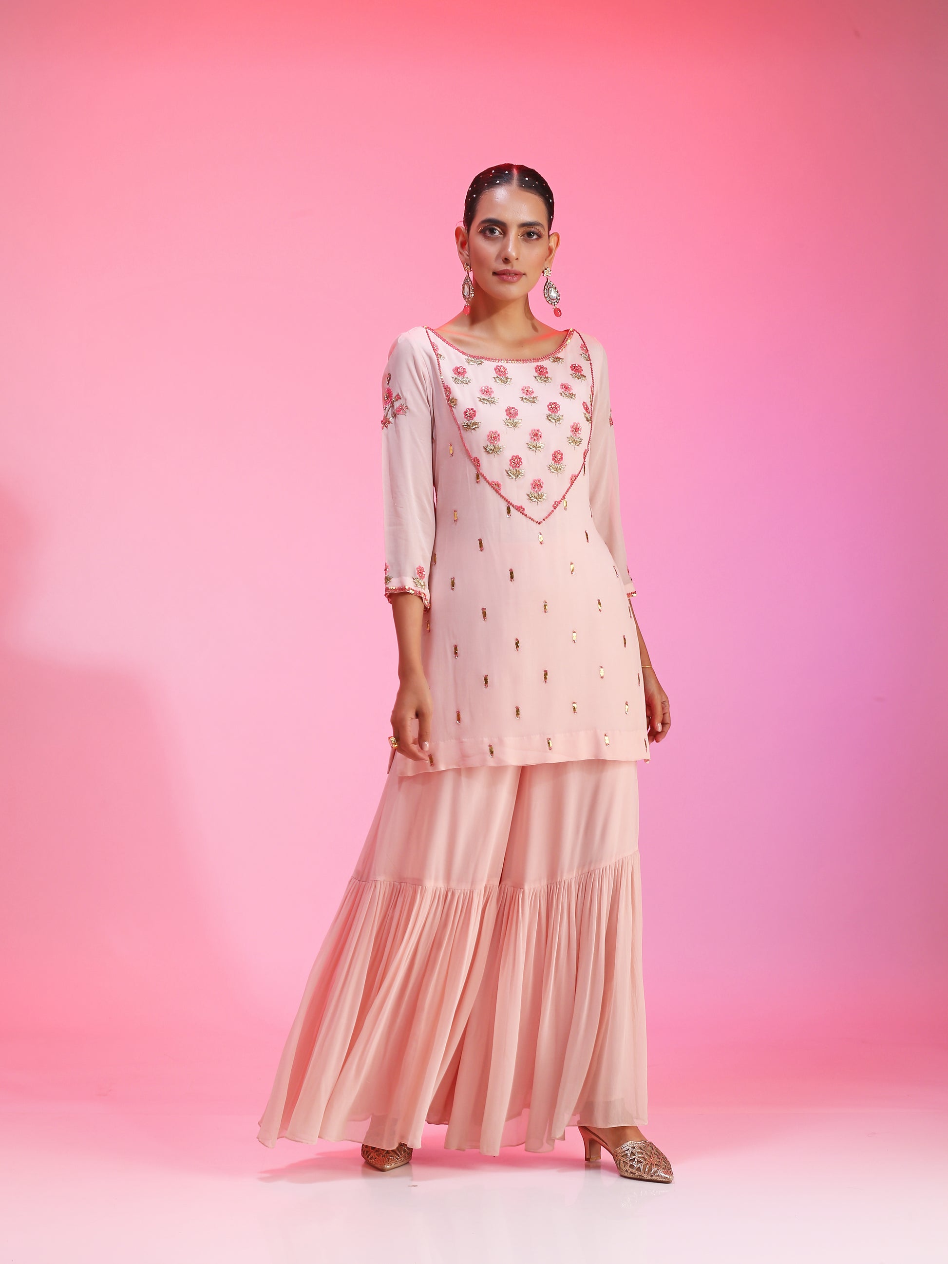 Relaxed Pink Georgette Resham Gotta Dabka Sequin Sharara Set