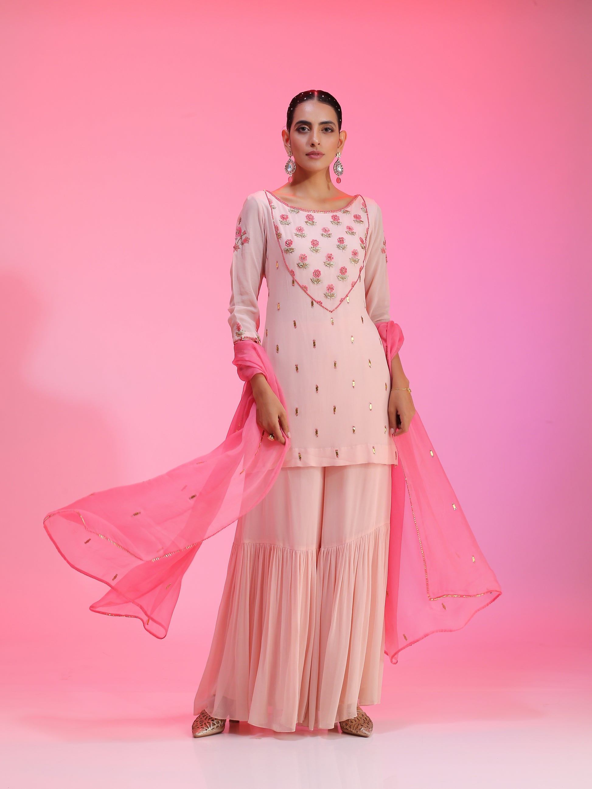 Relaxed Pink Georgette Resham Gotta Dabka Sequin Sharara Set