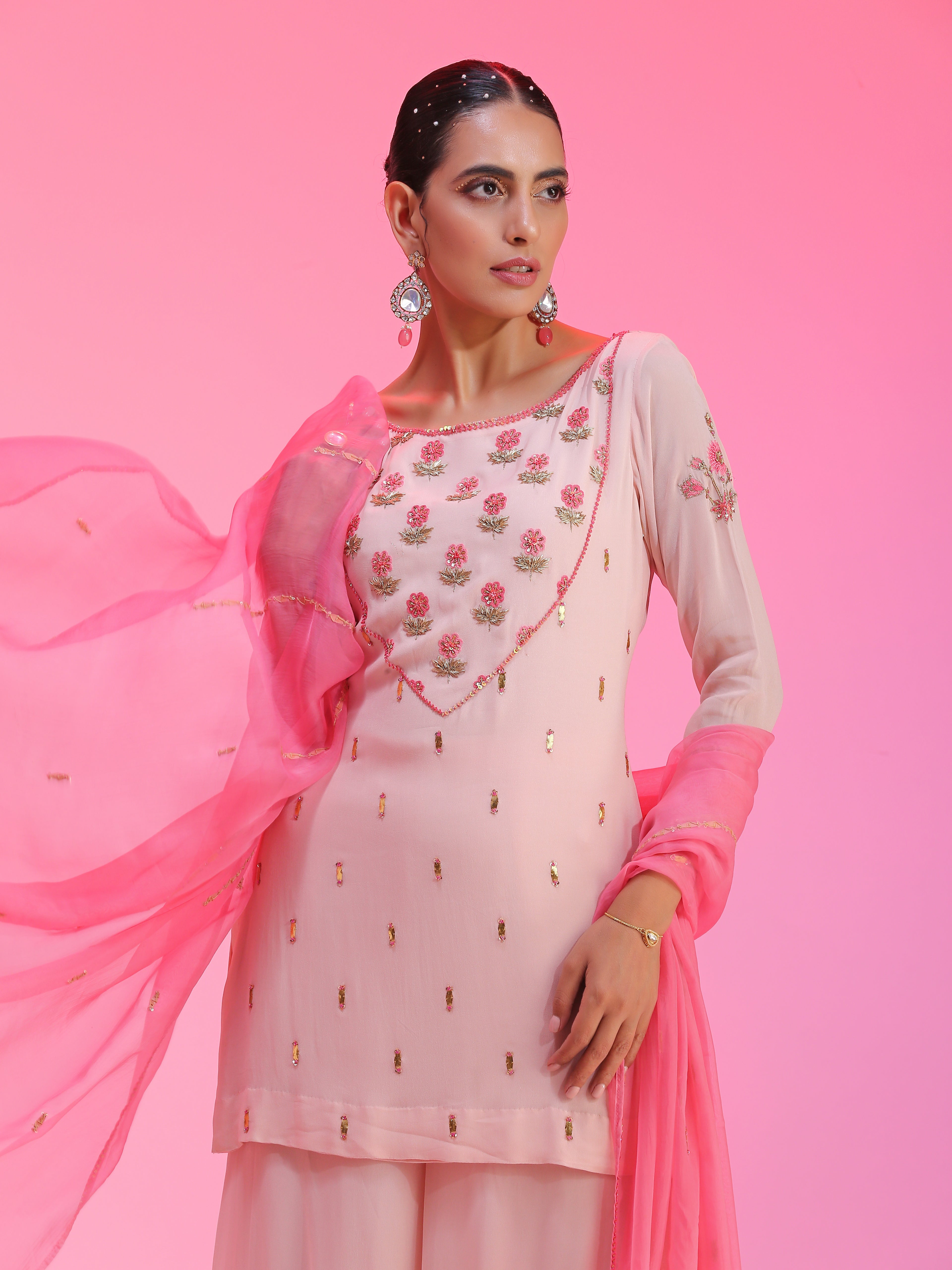 Relaxed Pink Georgette Resham Gotta Dabka Sequin Sharara Set