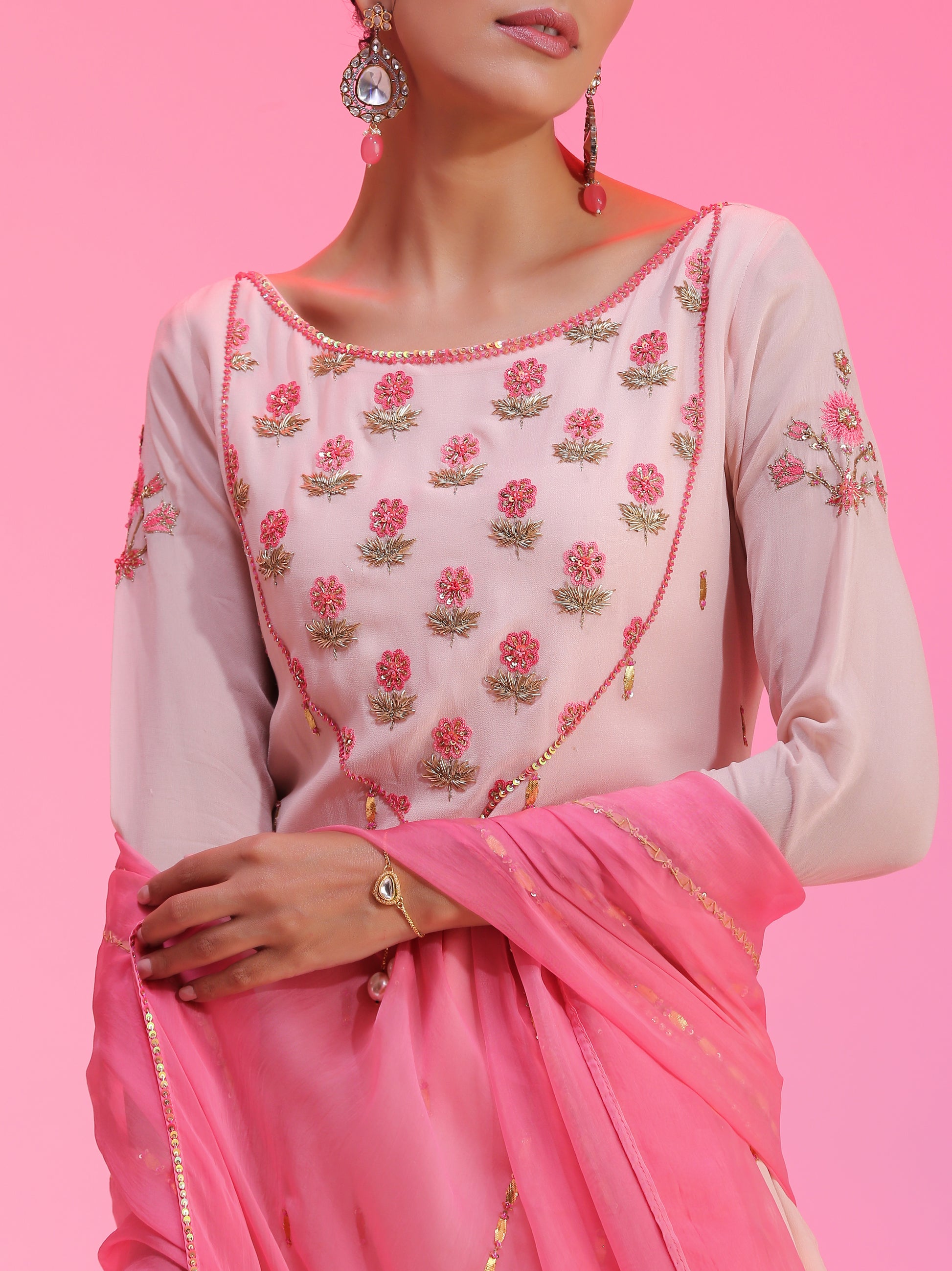 Relaxed Pink Georgette Resham Gotta Dabka Sequin Sharara Set