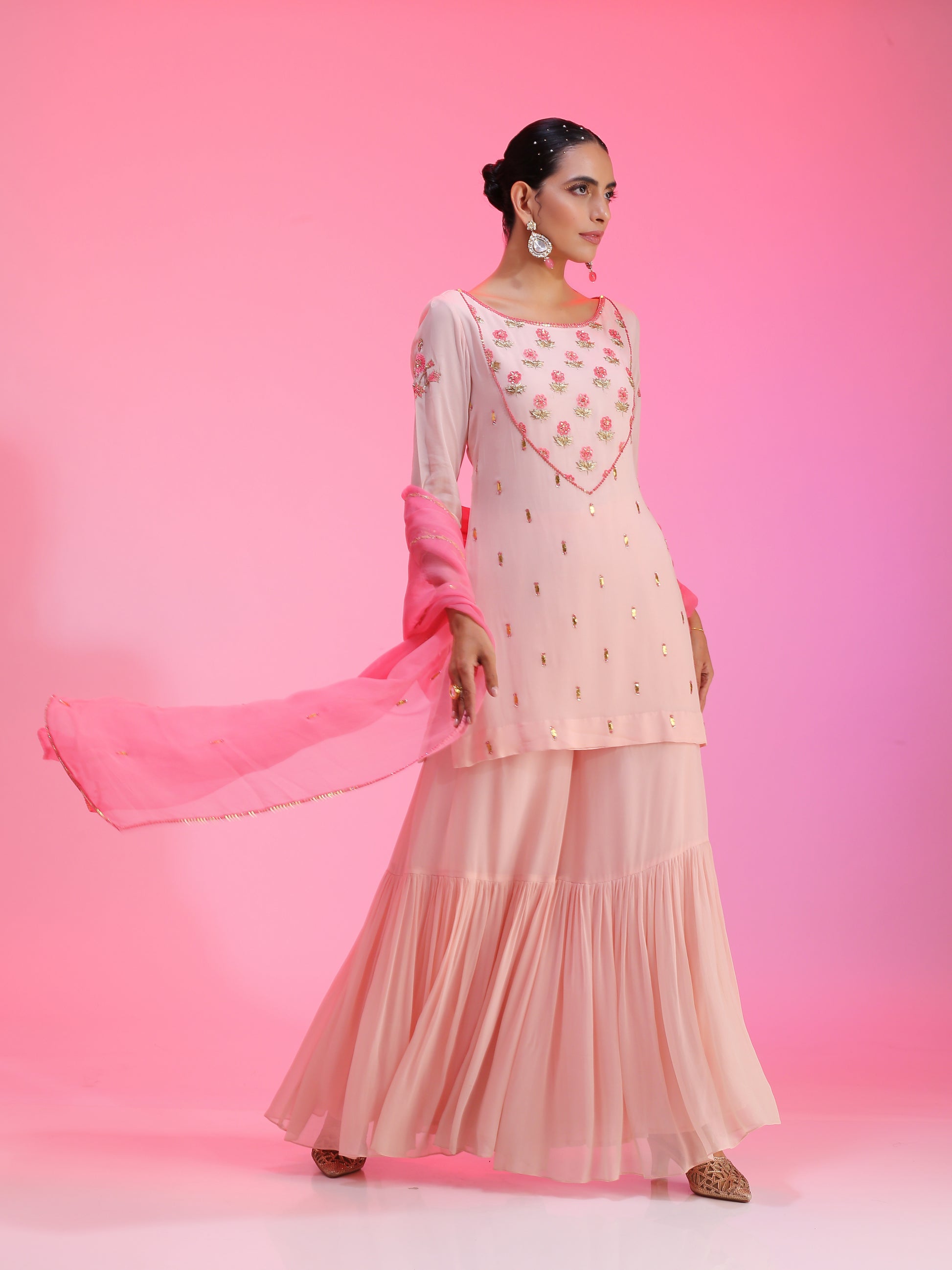 Relaxed Pink Georgette Resham Gotta Dabka Sequin Sharara Set