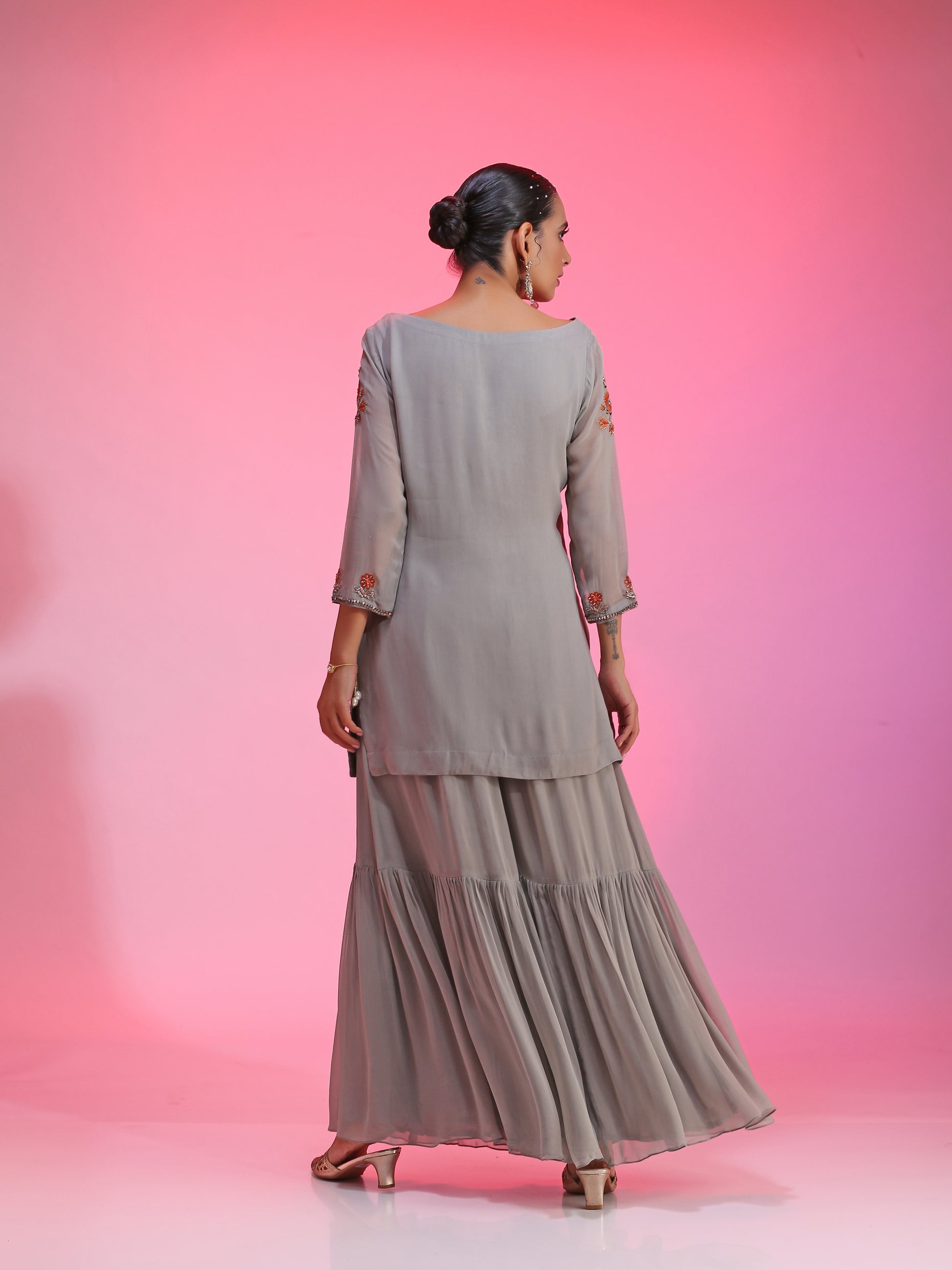 Relaxed Gray Orange Viscose Georgette Resham Gotta Dabka Sharara Set