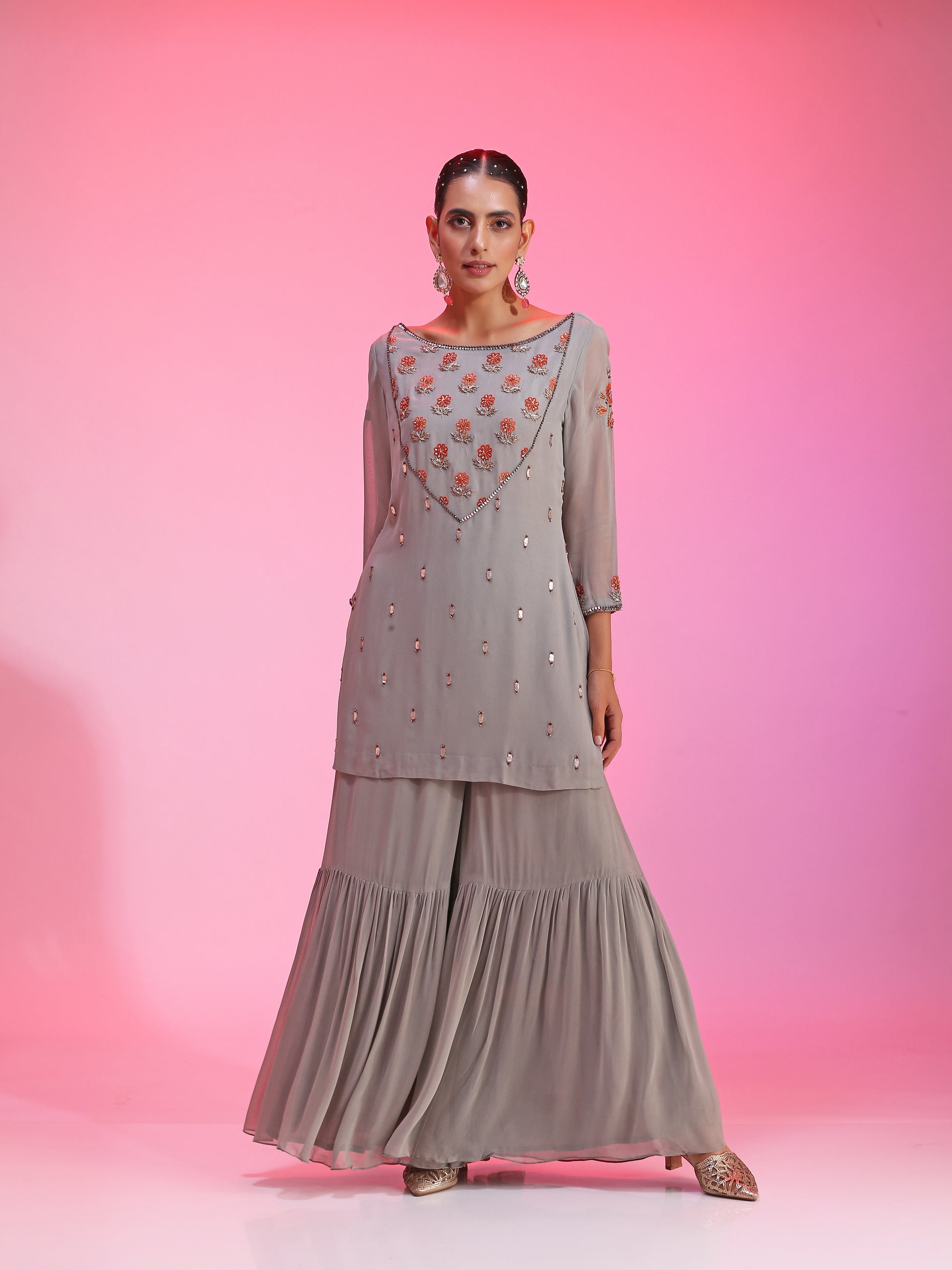 Relaxed Gray Orange Viscose Georgette Resham Gotta Dabka Sharara Set