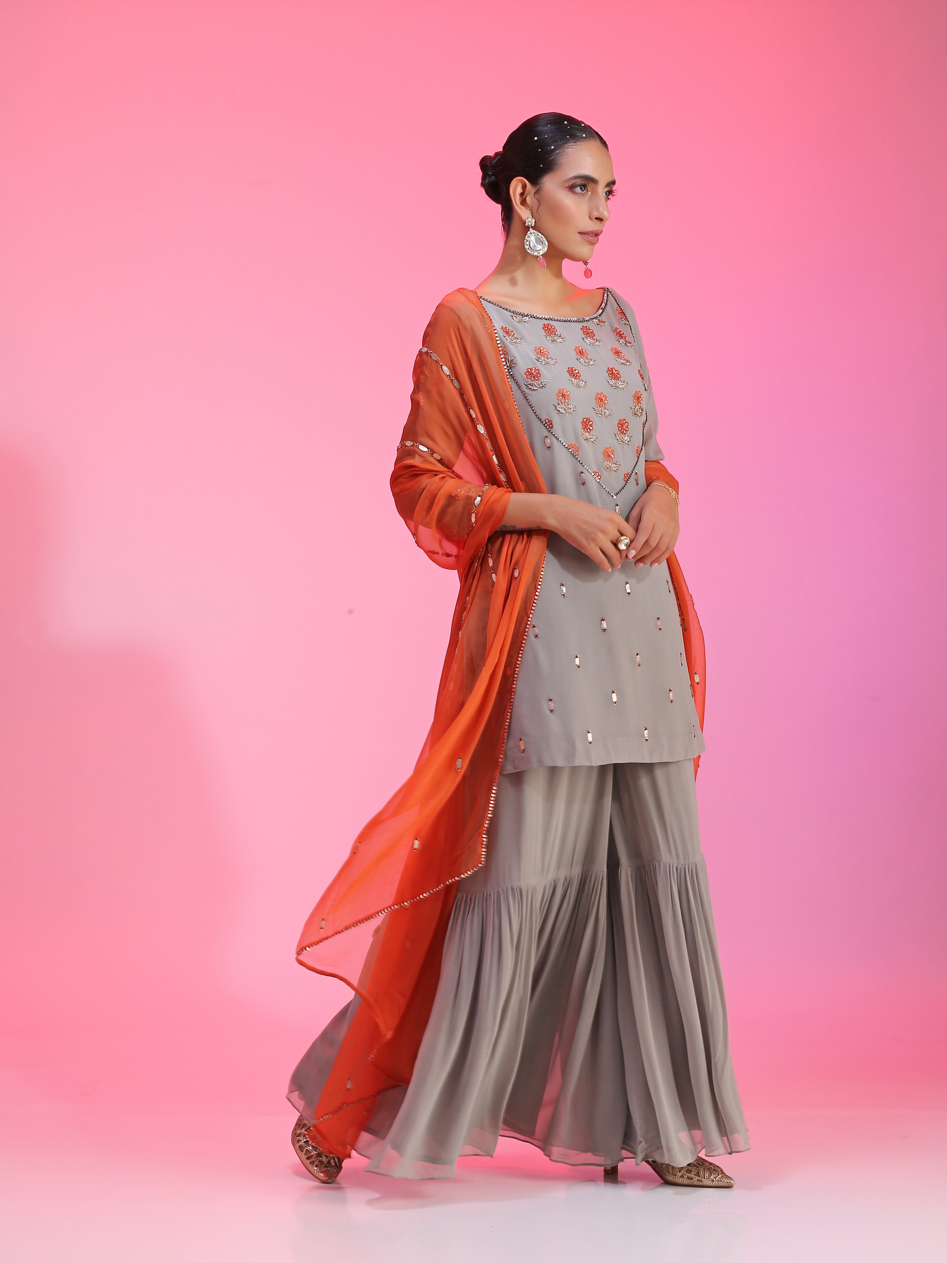 Relaxed Gray Orange Viscose Georgette Resham Gotta Dabka Sharara Set