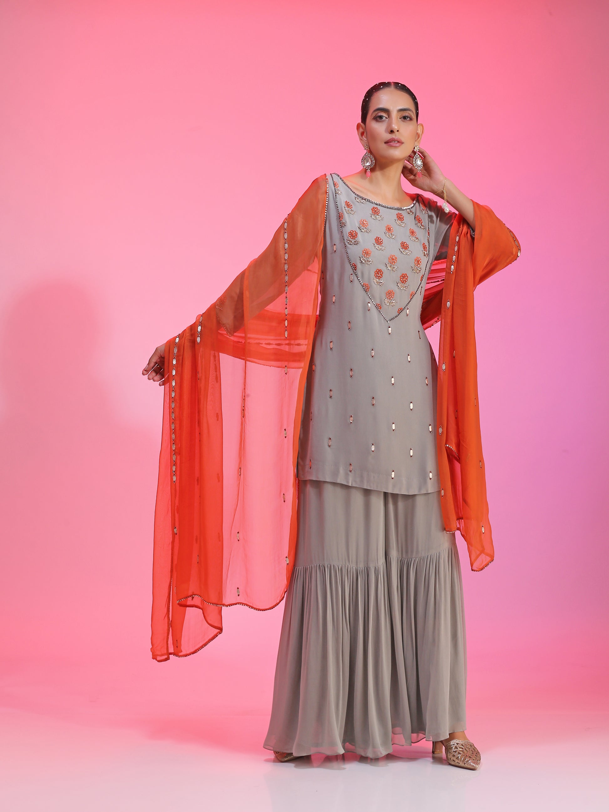 Relaxed Gray Orange Viscose Georgette Resham Gotta Dabka Sharara Set