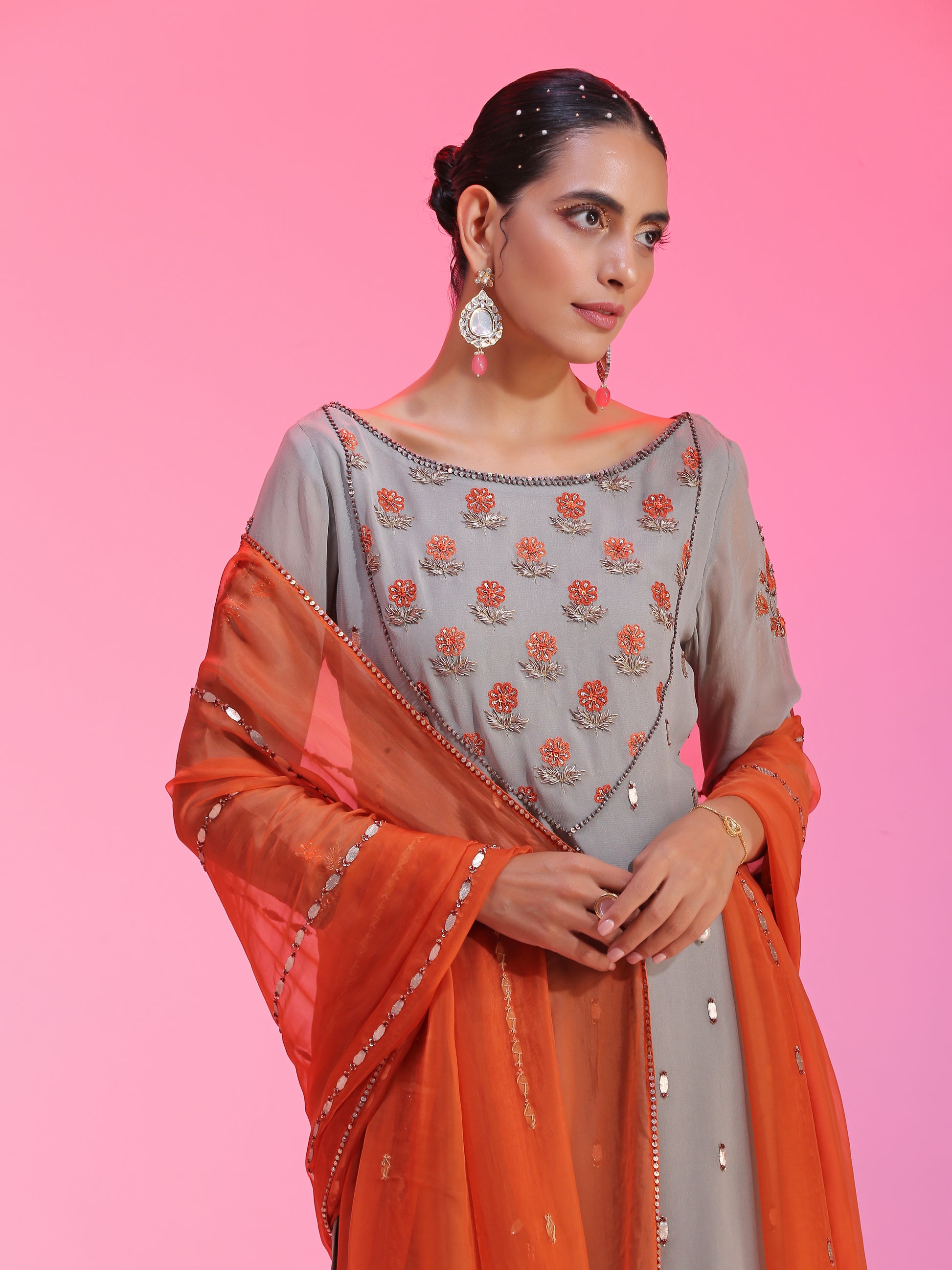 Relaxed Gray Orange Viscose Georgette Resham Gotta Dabka Sharara Set