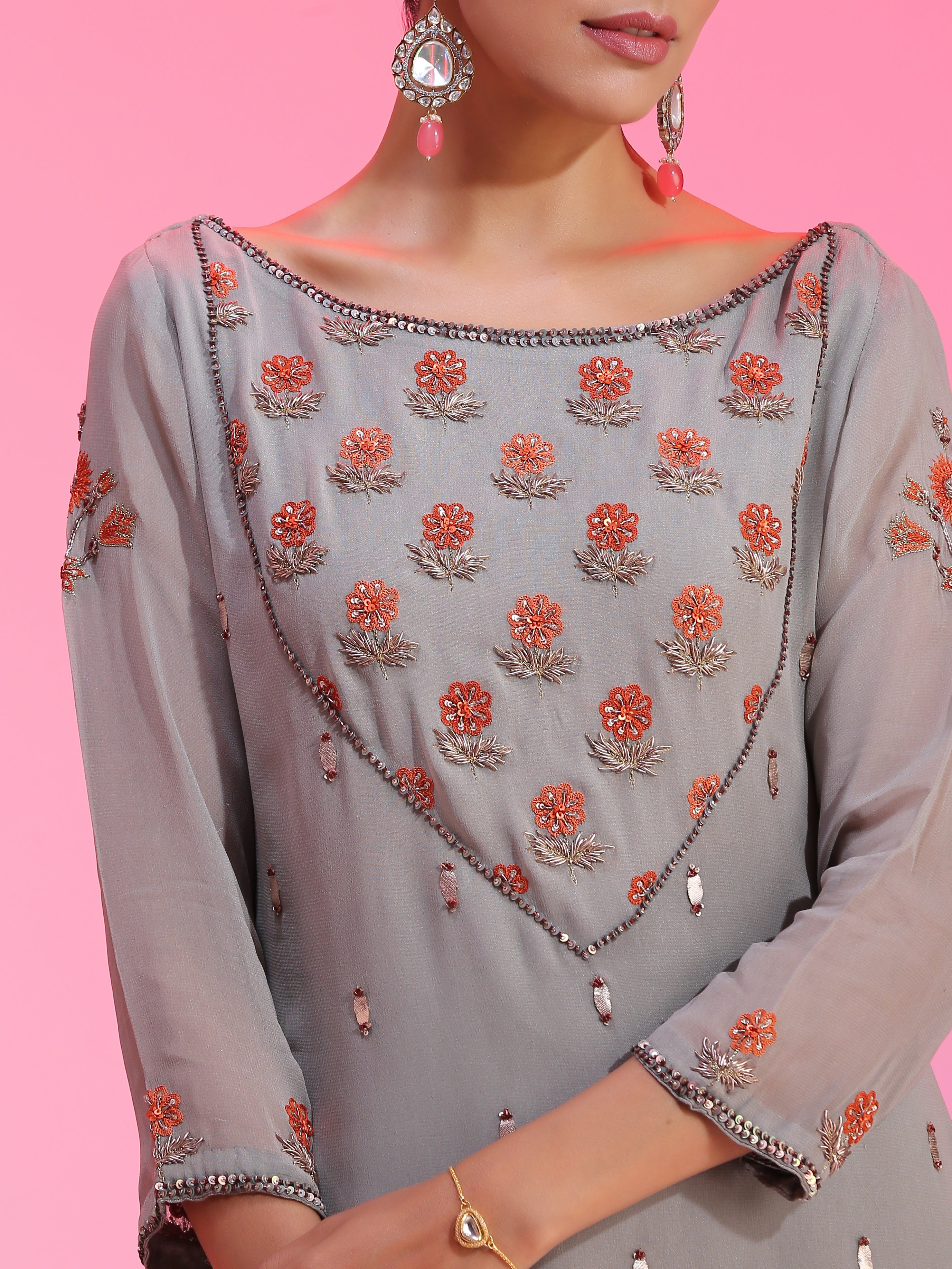 Relaxed Gray Orange Viscose Georgette Resham Gotta Dabka Sharara Set