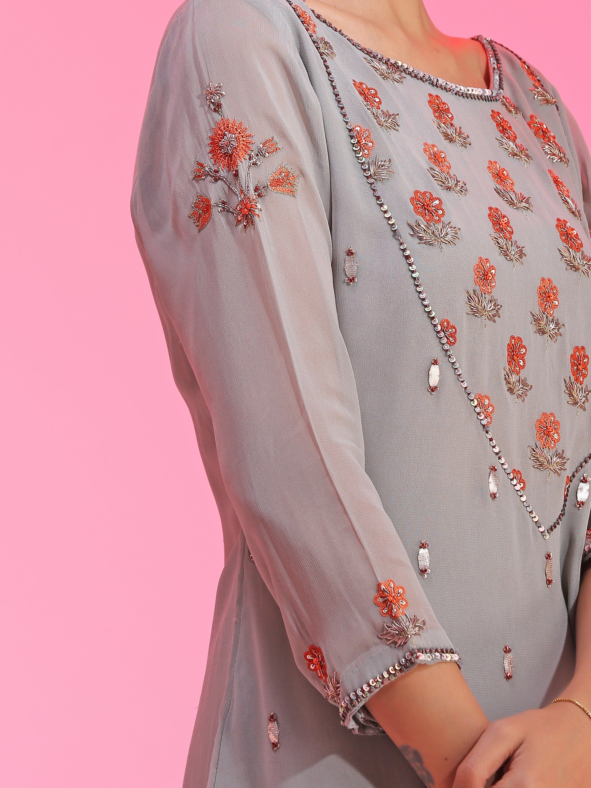 Relaxed Gray Orange Viscose Georgette Resham Gotta Dabka Sharara Set