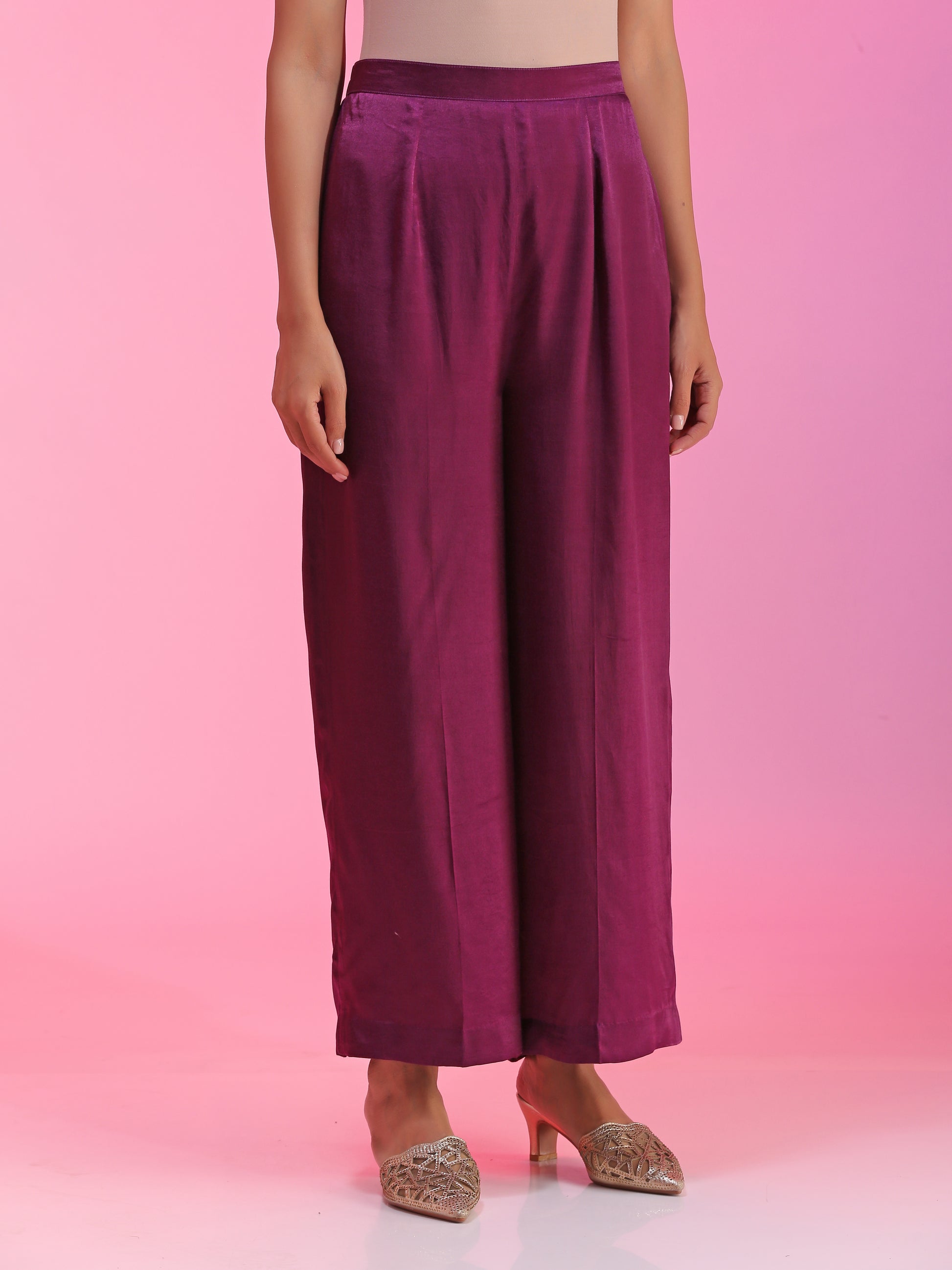 Purple Pleated Zardozi Floral Overlay Tunic Straight Pants Set