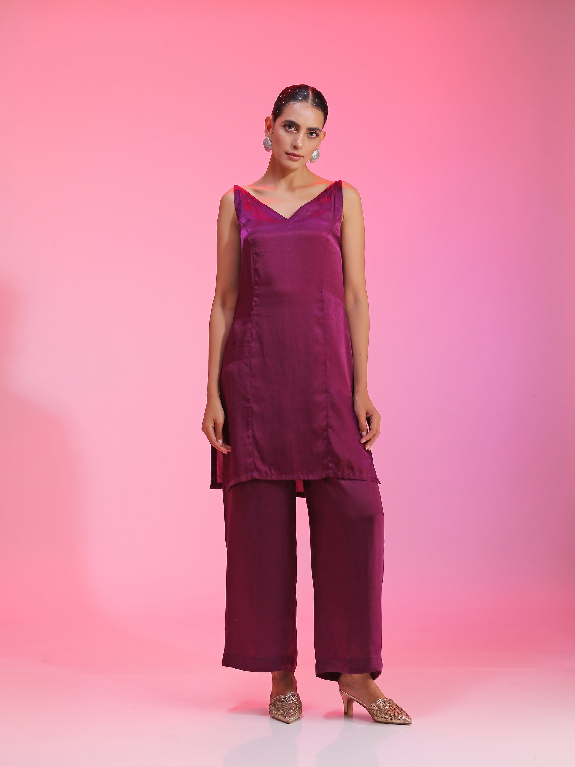 Purple Pleated Zardozi Floral Overlay Tunic Straight Pants Set
