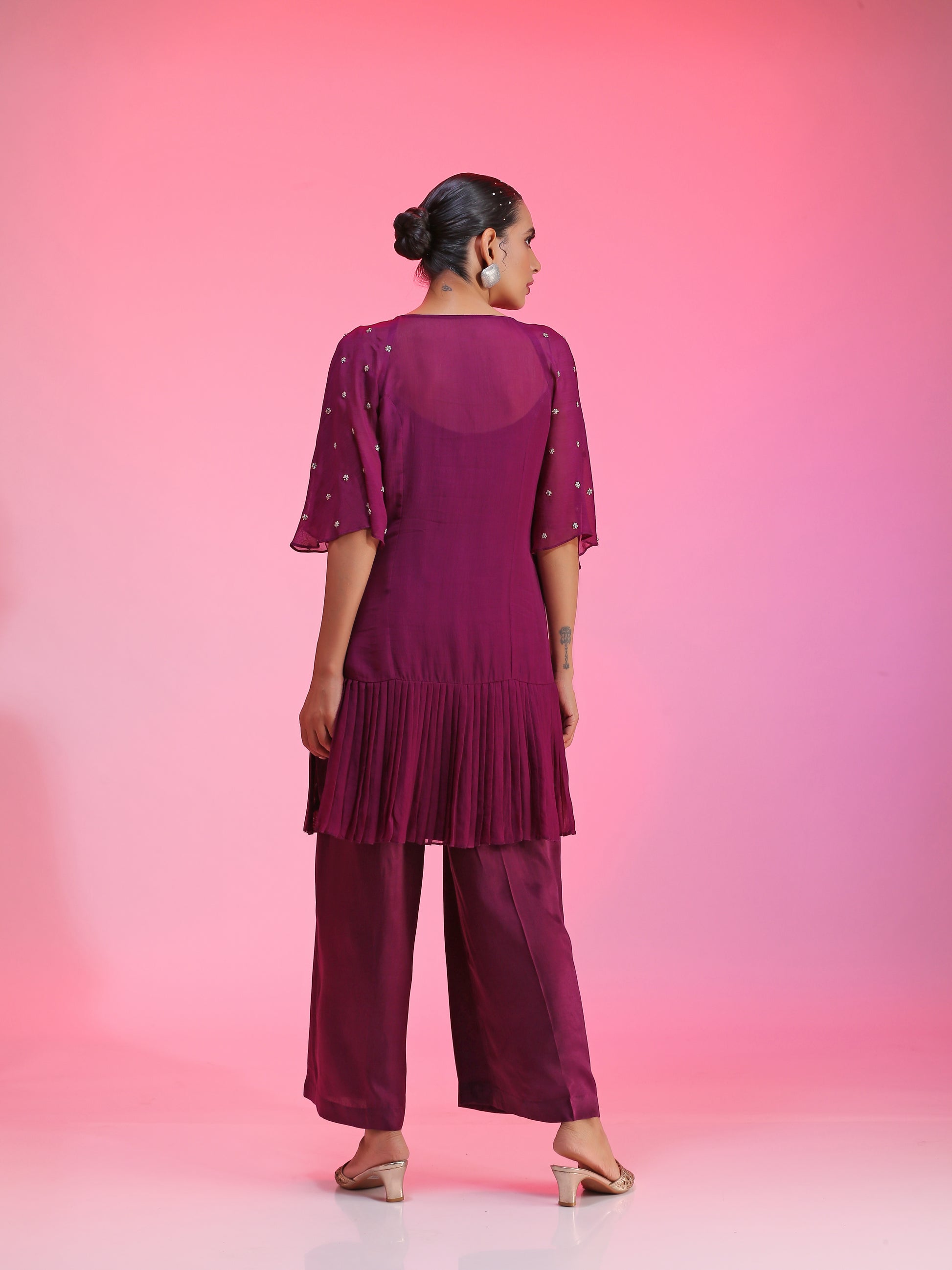 Purple Pleated Zardozi Floral Overlay Tunic Straight Pants Set