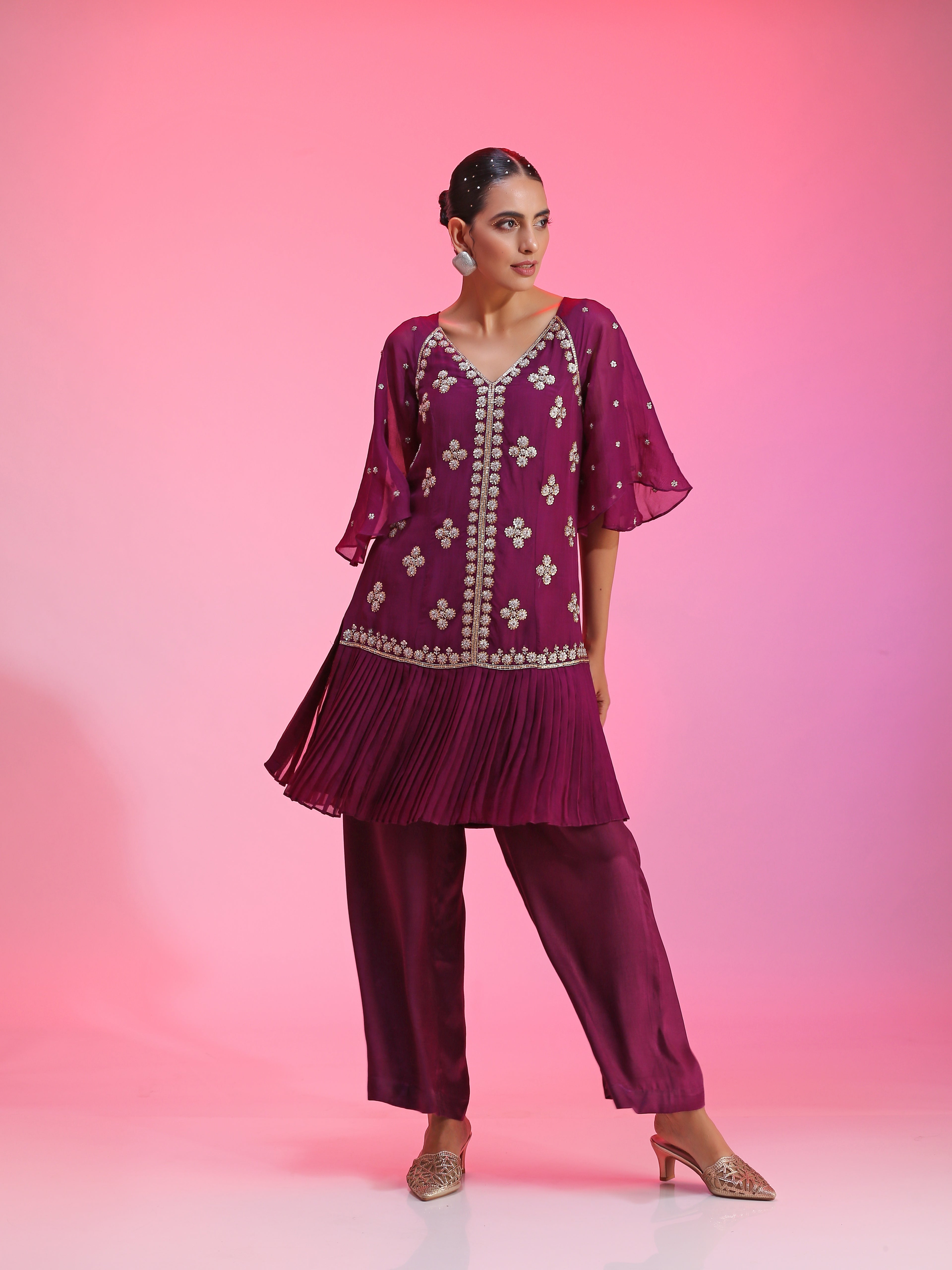 Purple Pleated Zardozi Floral Overlay Tunic Straight Pants Set