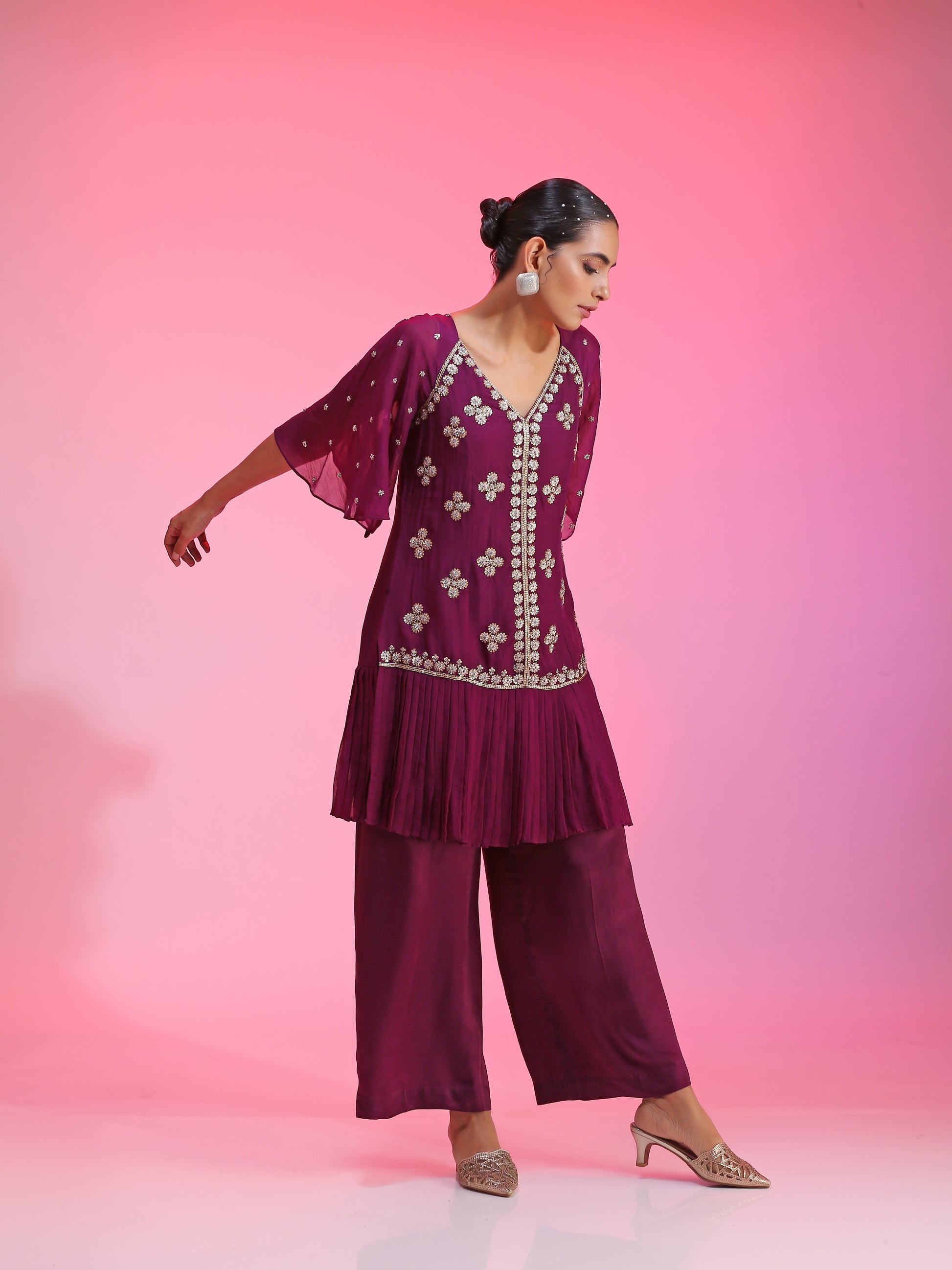Purple Pleated Zardozi Floral Overlay Tunic Straight Pants Set
