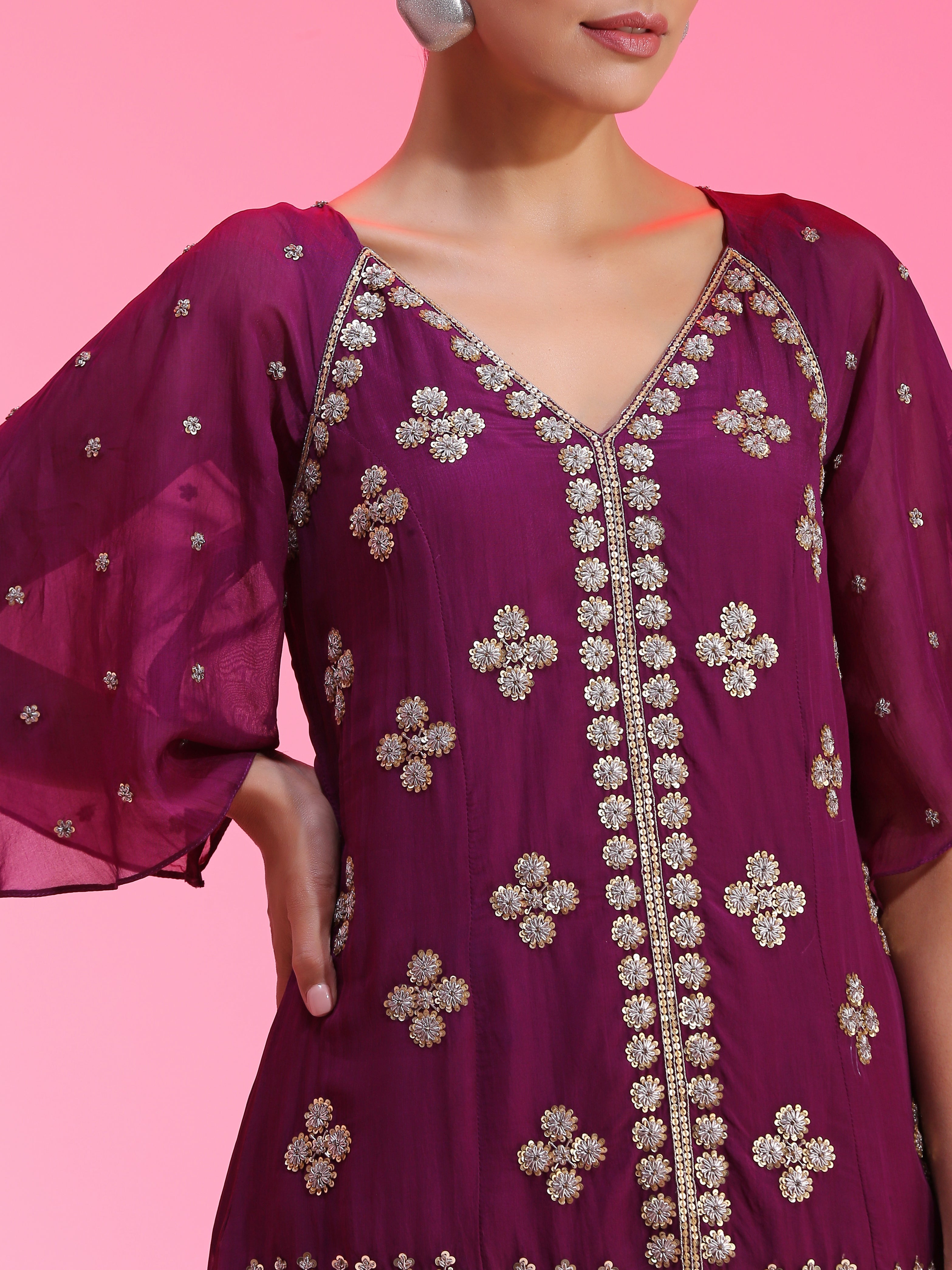 Purple Pleated Zardozi Floral Overlay Tunic Straight Pants Set