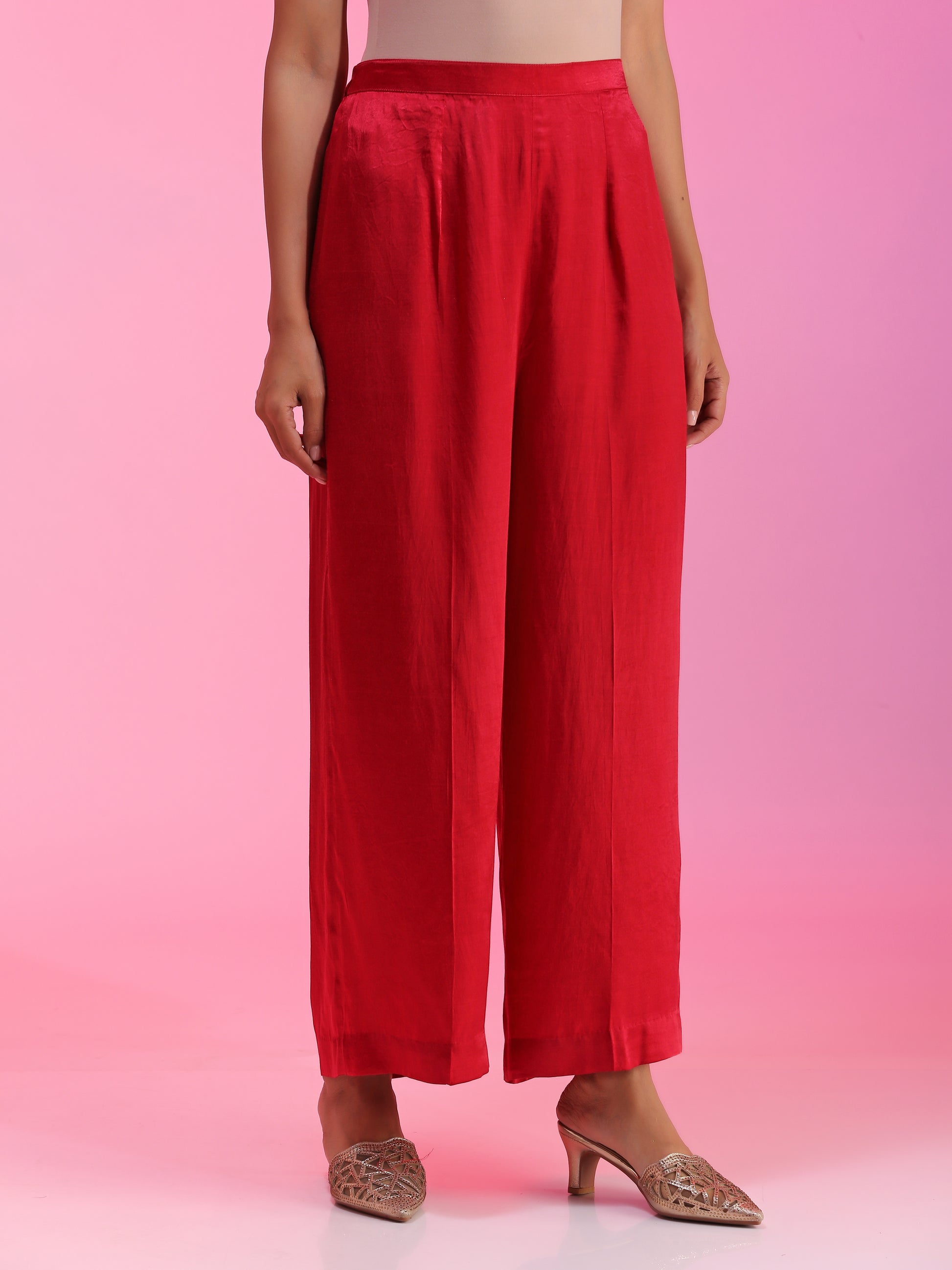 Red Pleated Zardozi Floral Overlay Tunic Straight Pants Set