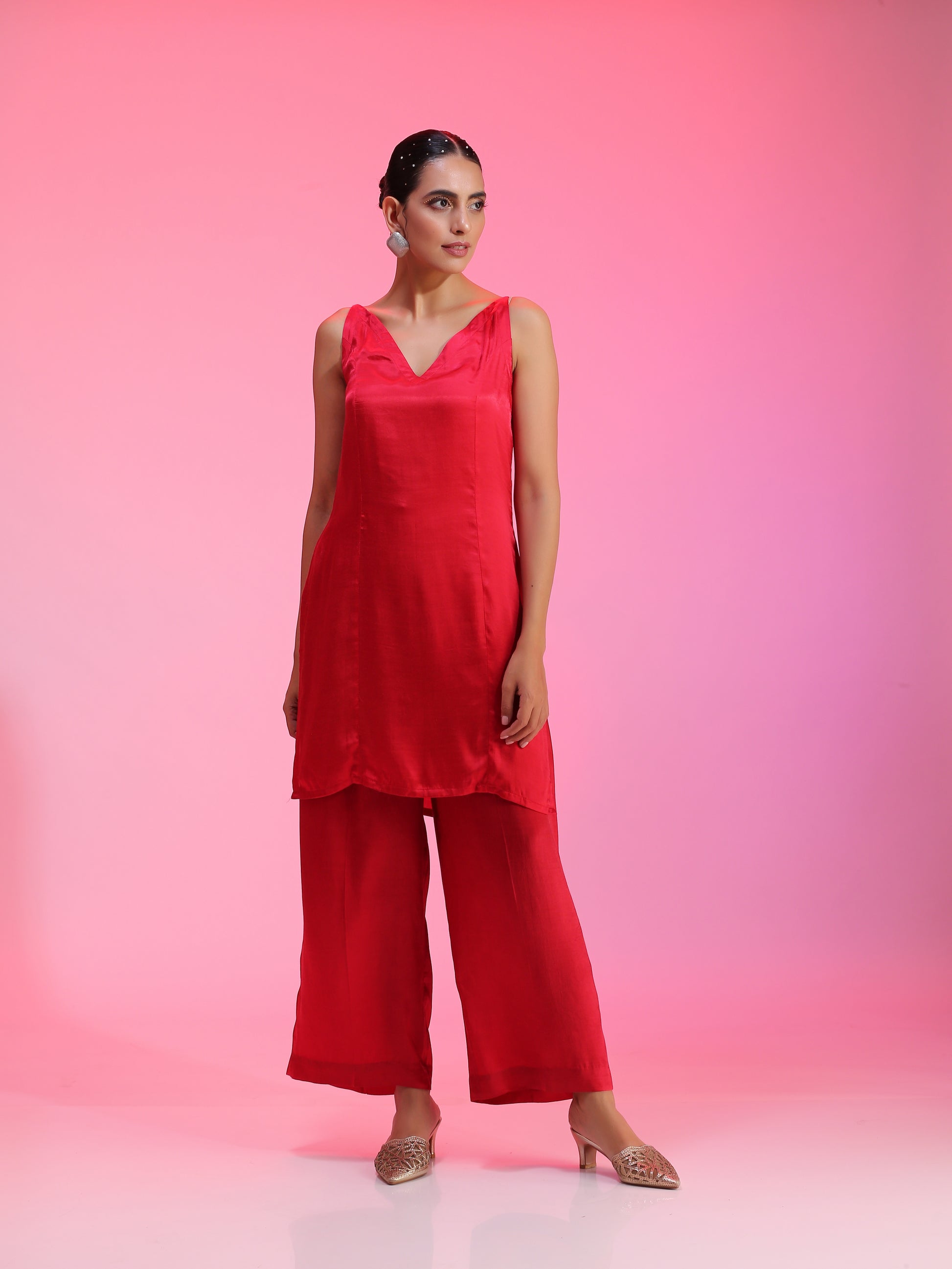 Red Pleated Zardozi Floral Overlay Tunic Straight Pants Set