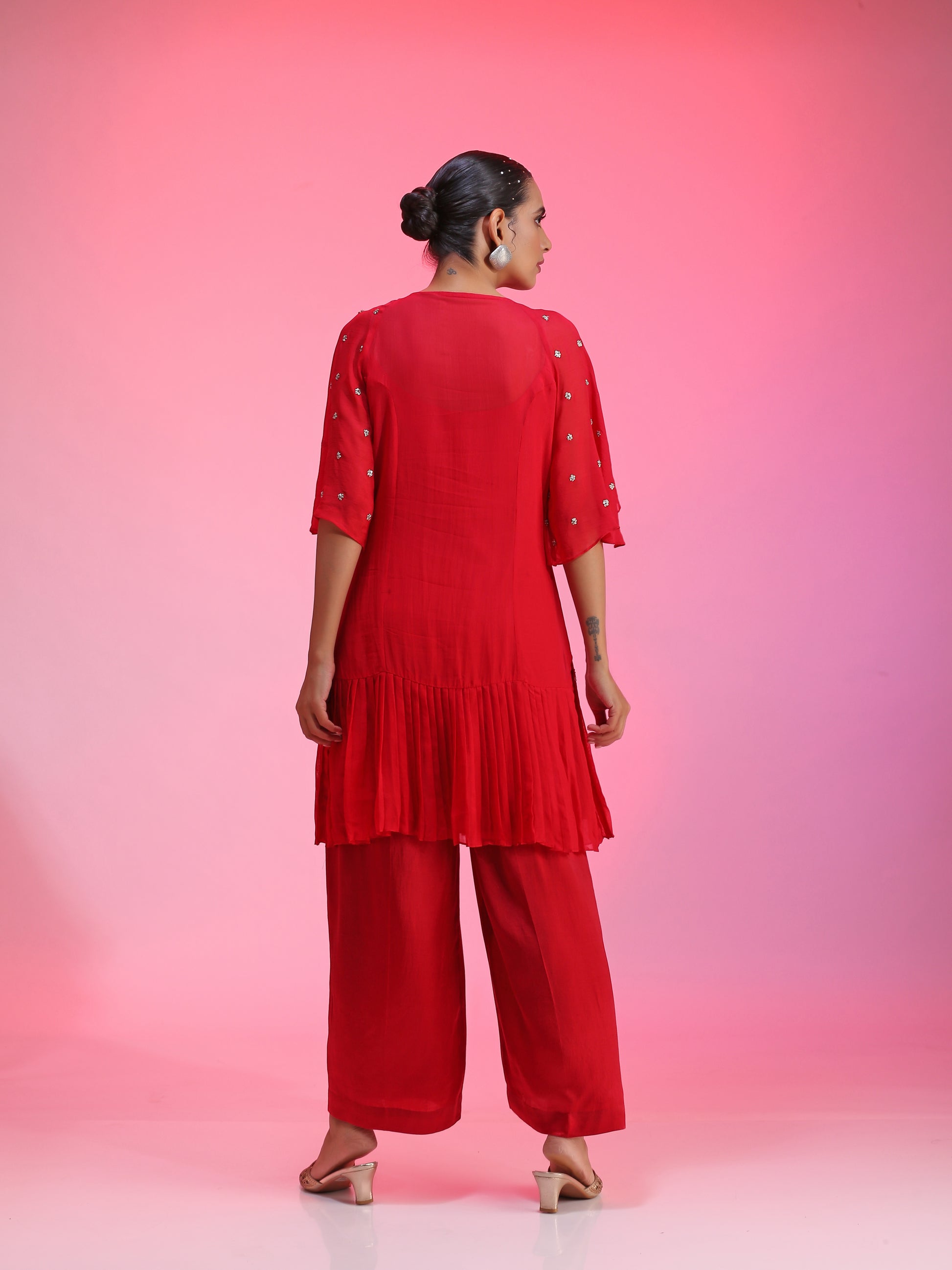 Red Pleated Zardozi Floral Overlay Tunic Straight Pants Set