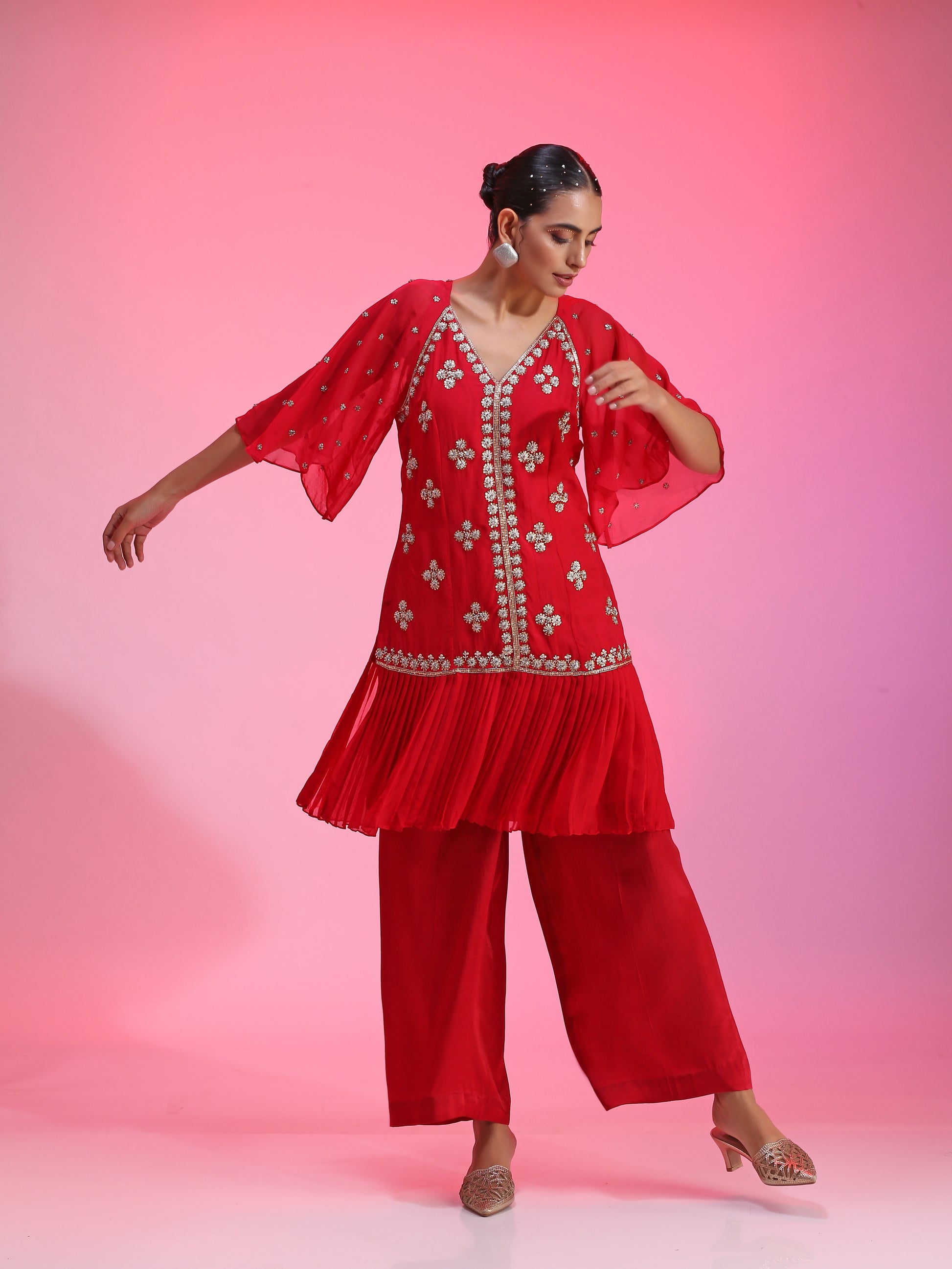 Red Pleated Zardozi Floral Overlay Tunic Straight Pants Set
