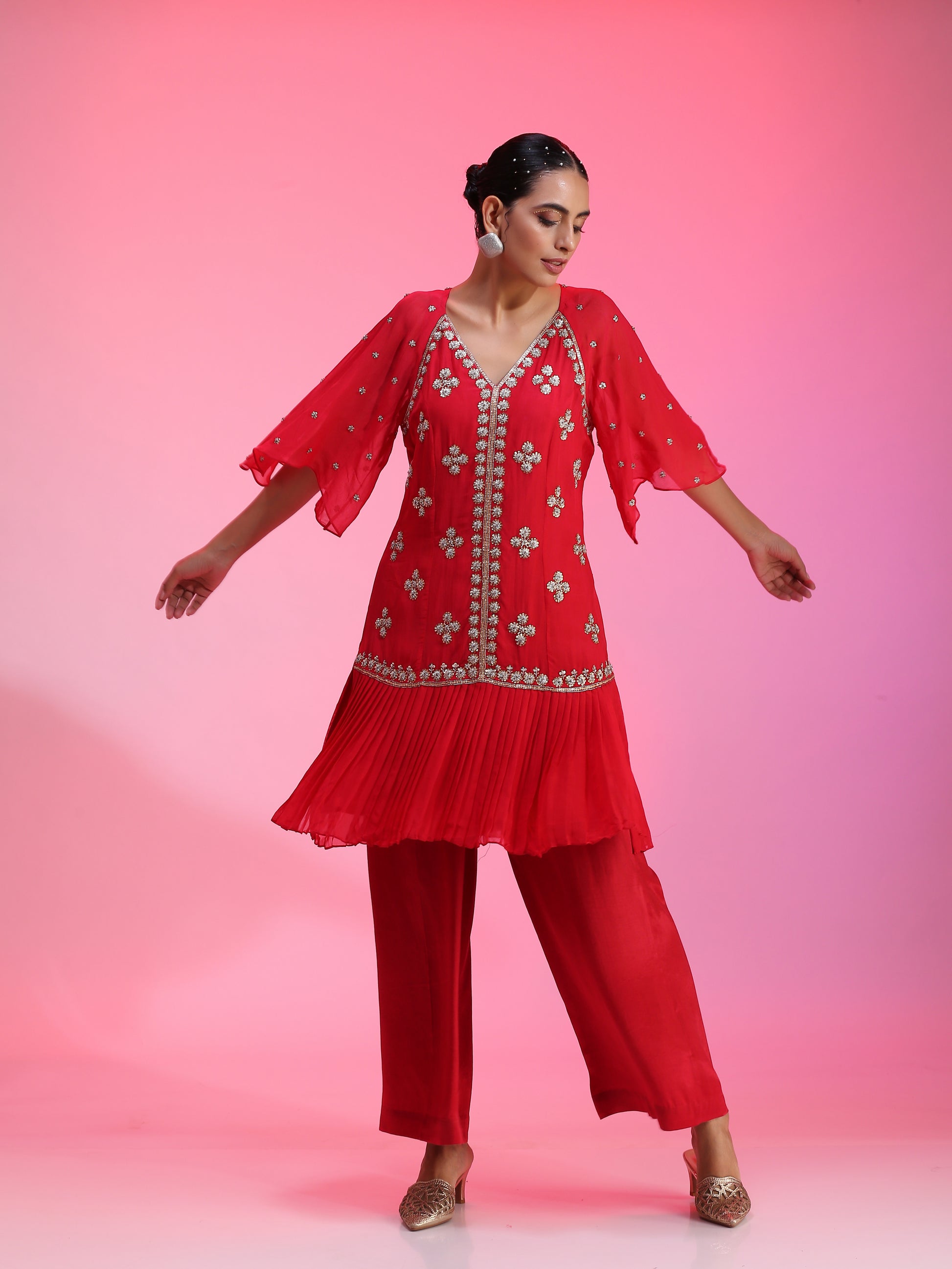 Red Pleated Zardozi Floral Overlay Tunic Straight Pants Set