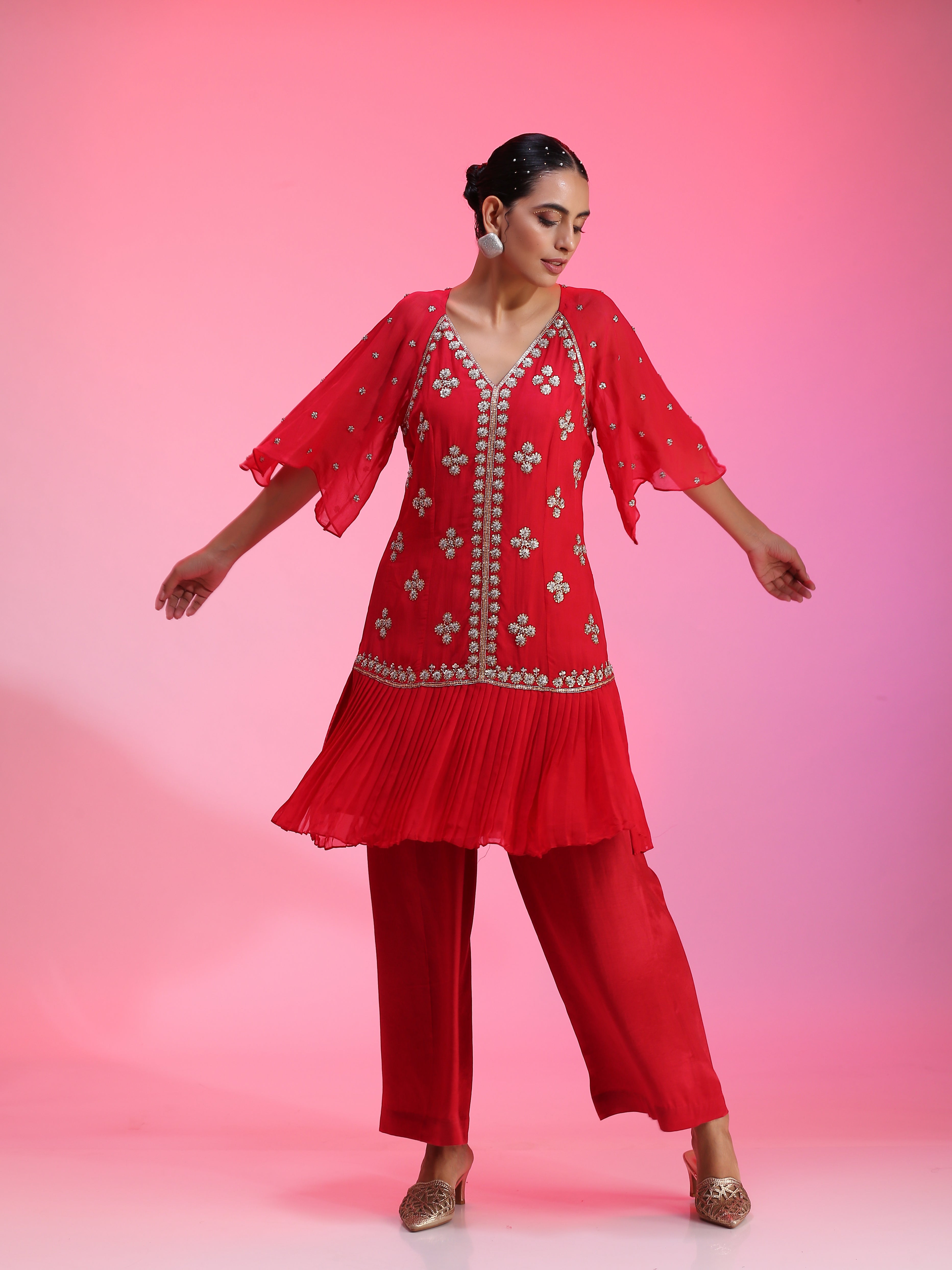 Red Pleated Zardozi Floral Overlay Tunic Straight Pants Set
