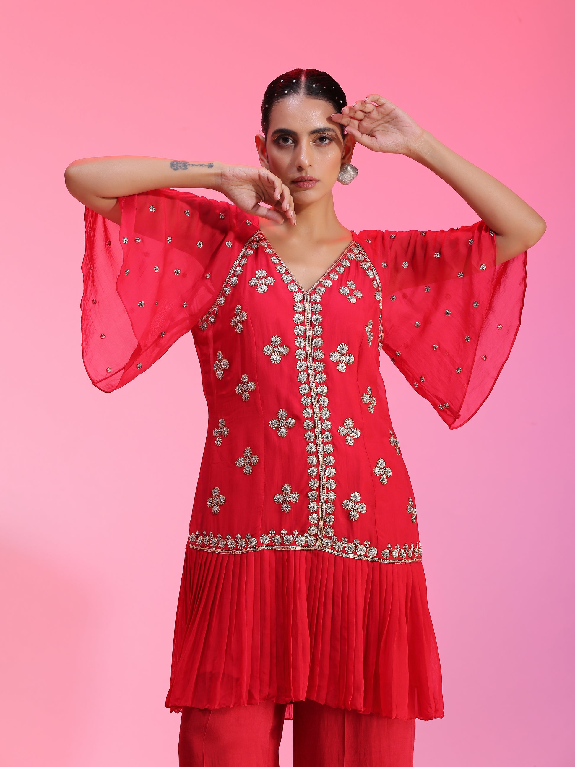 Red Pleated Zardozi Floral Overlay Tunic Straight Pants Set