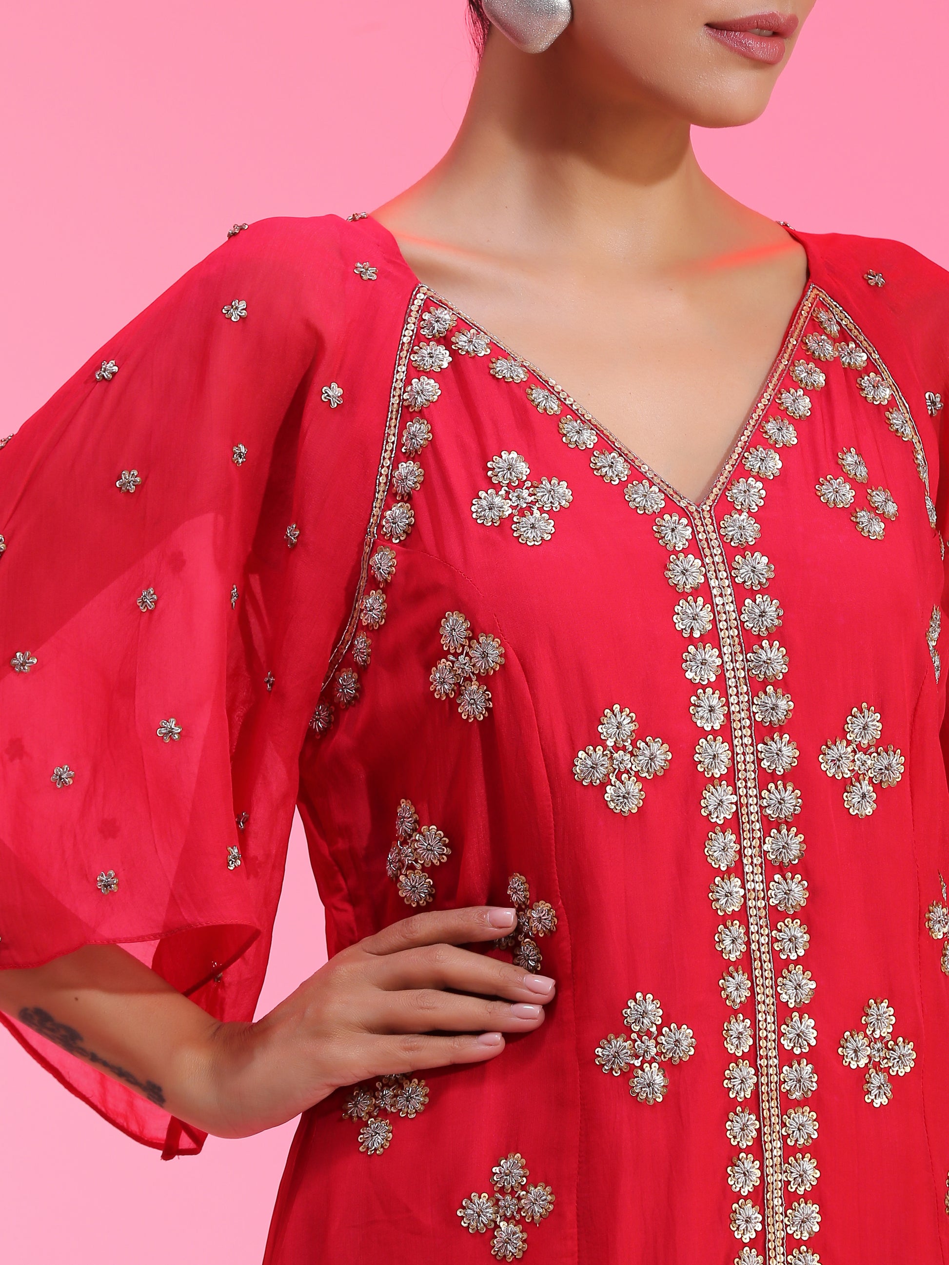 Red Pleated Zardozi Floral Overlay Tunic Straight Pants Set