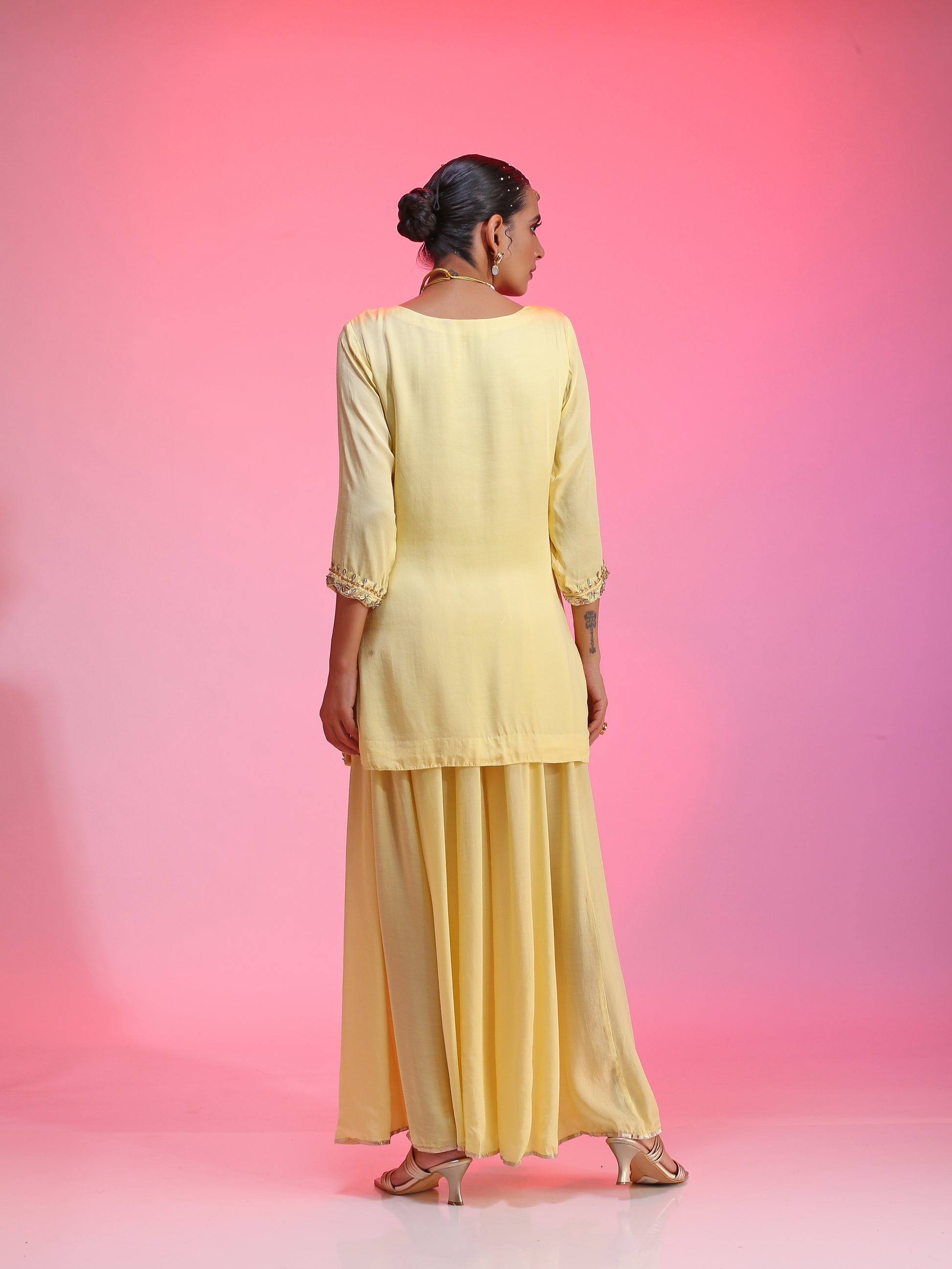 Lemon Yellow Satin Cupro Zari Sequin Kurta Kalidar Pants Net Dupatta