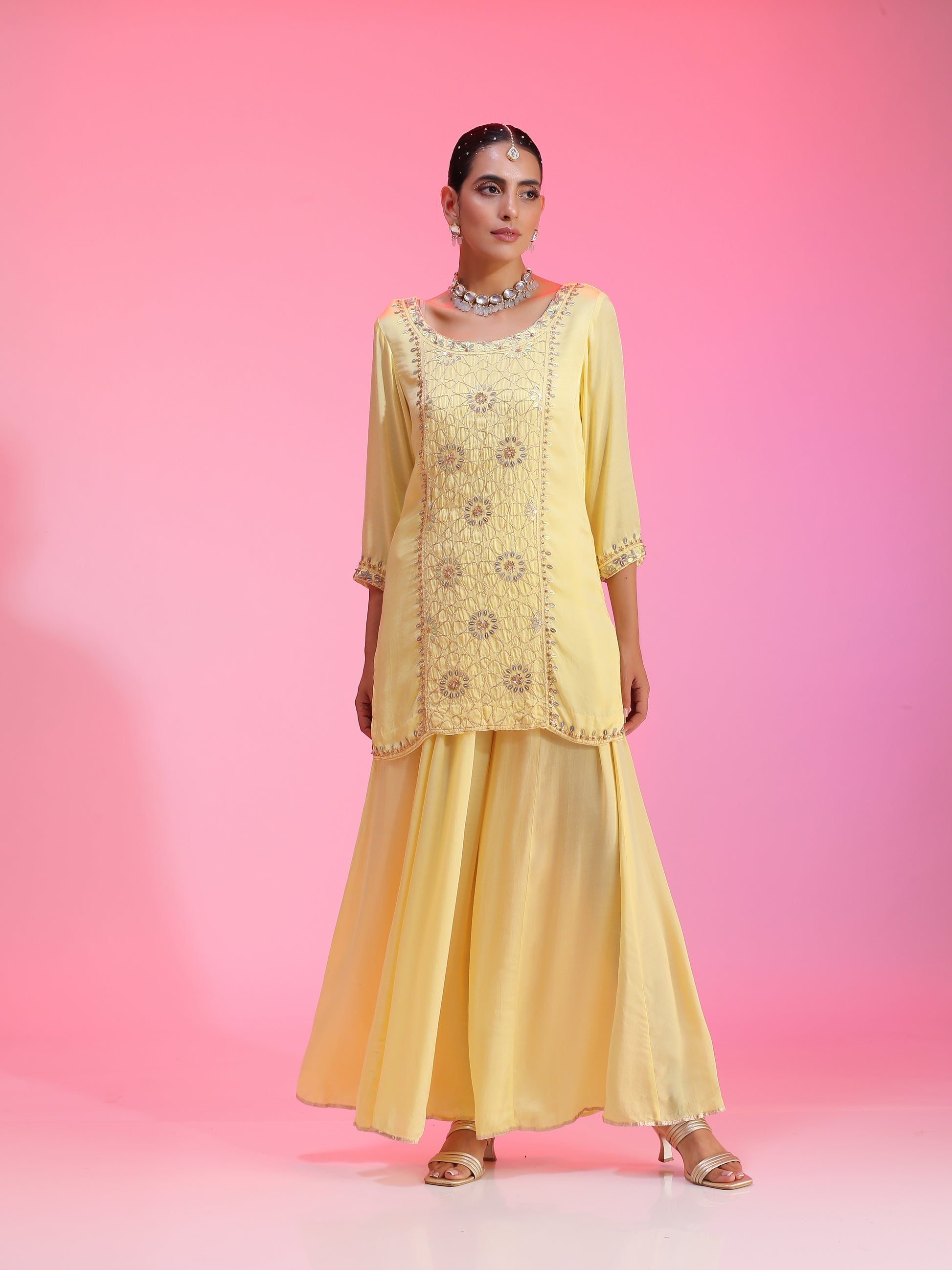 Lemon Yellow Satin Cupro Zari Sequin Kurta Kalidar Pants Net Dupatta