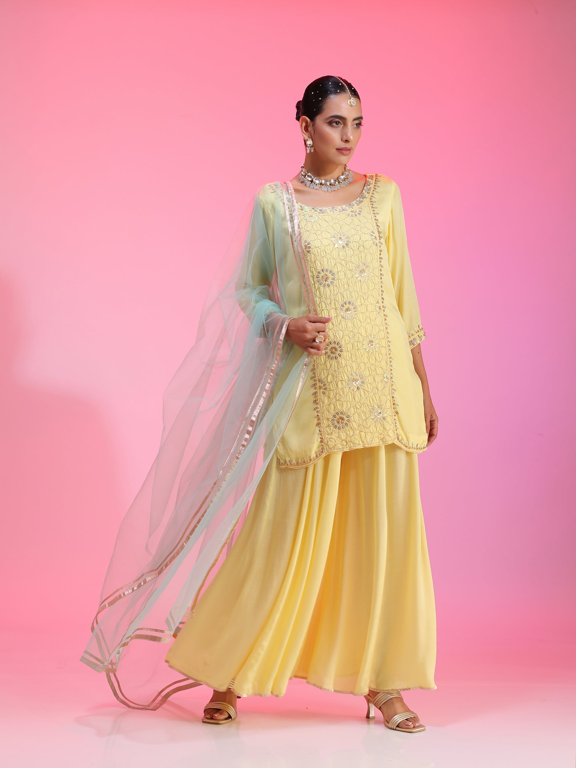 Lemon Yellow Satin Cupro Zari Sequin Kurta Kalidar Pants Net Dupatta