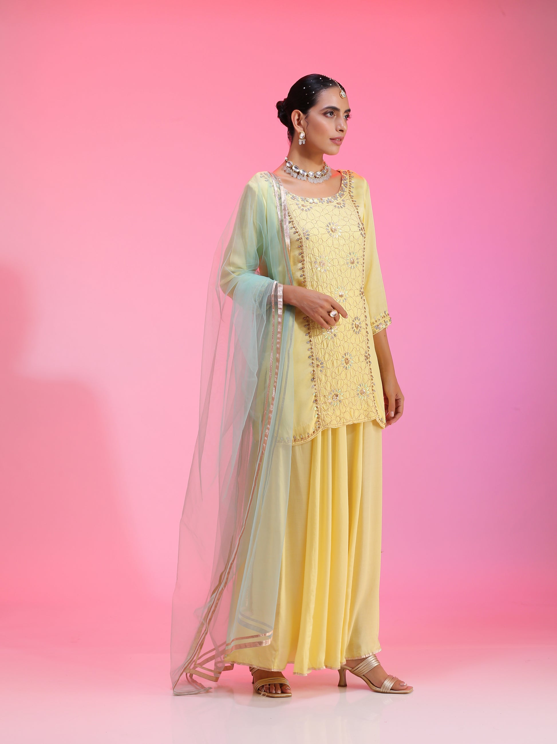 Lemon Yellow Satin Cupro Zari Sequin Kurta Kalidar Pants Net Dupatta
