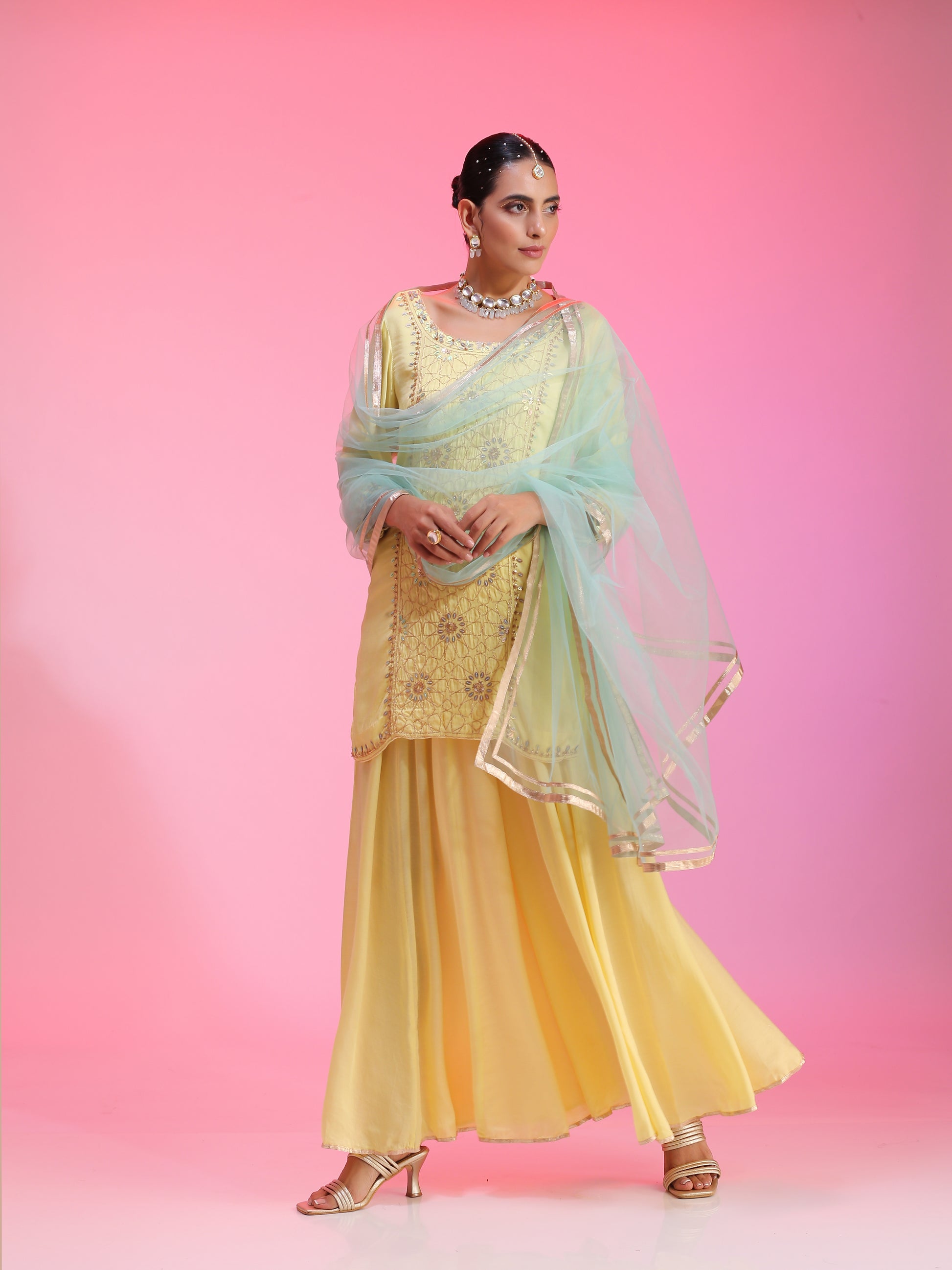 Lemon Yellow Satin Cupro Zari Sequin Kurta Kalidar Pants Net Dupatta