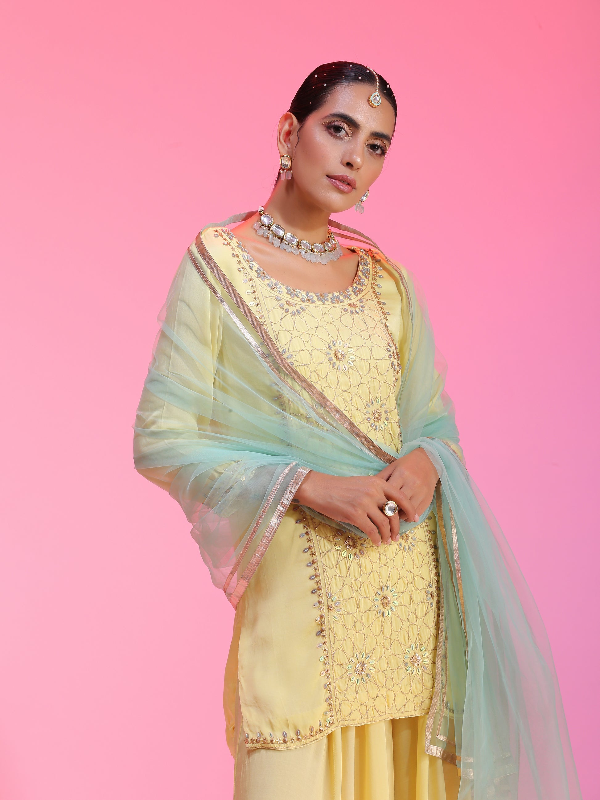Lemon Yellow Satin Cupro Zari Sequin Kurta Kalidar Pants Net Dupatta