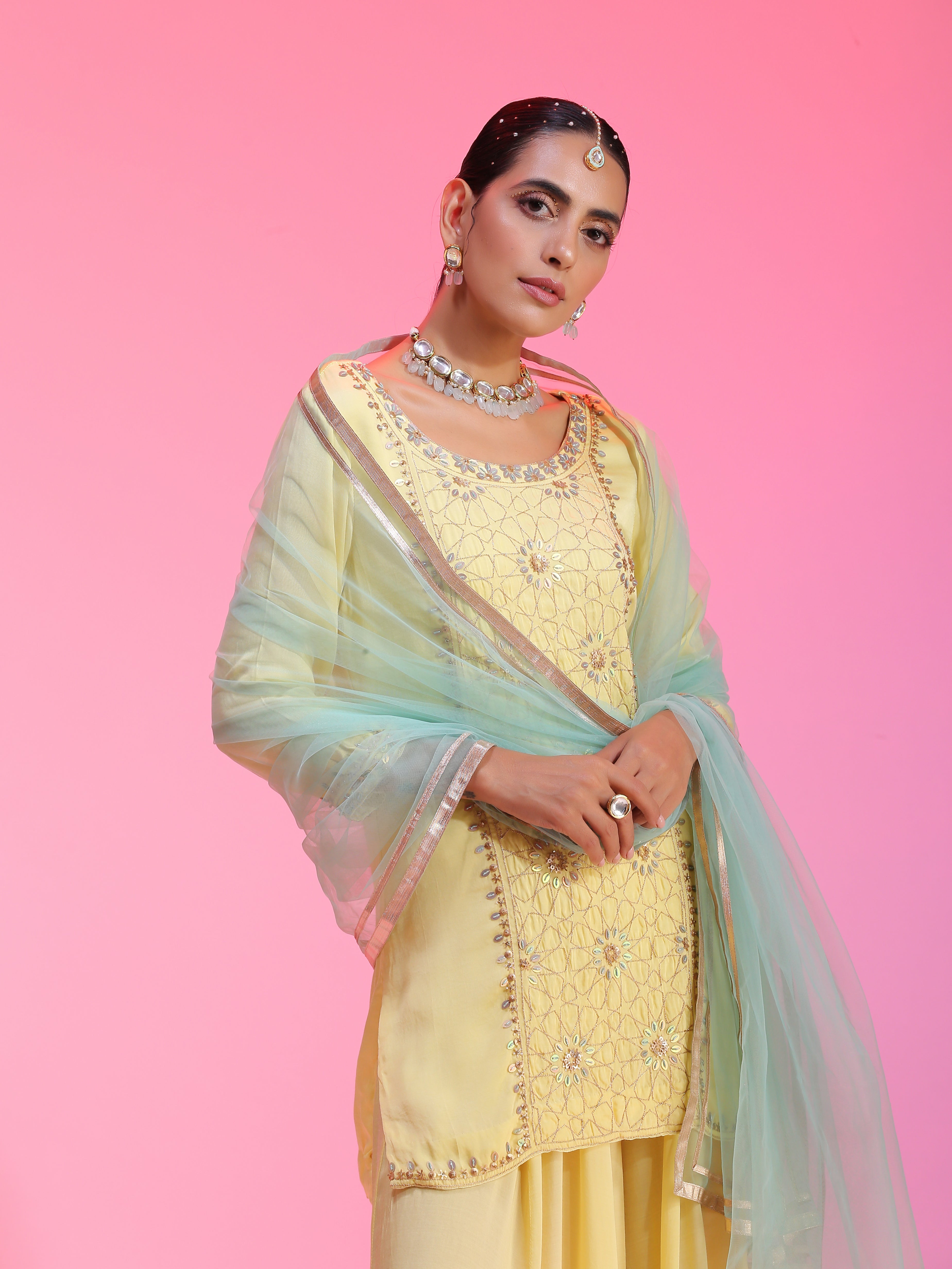 Lemon Yellow Satin Cupro Zari Sequin Kurta Kalidar Pants Net Dupatta