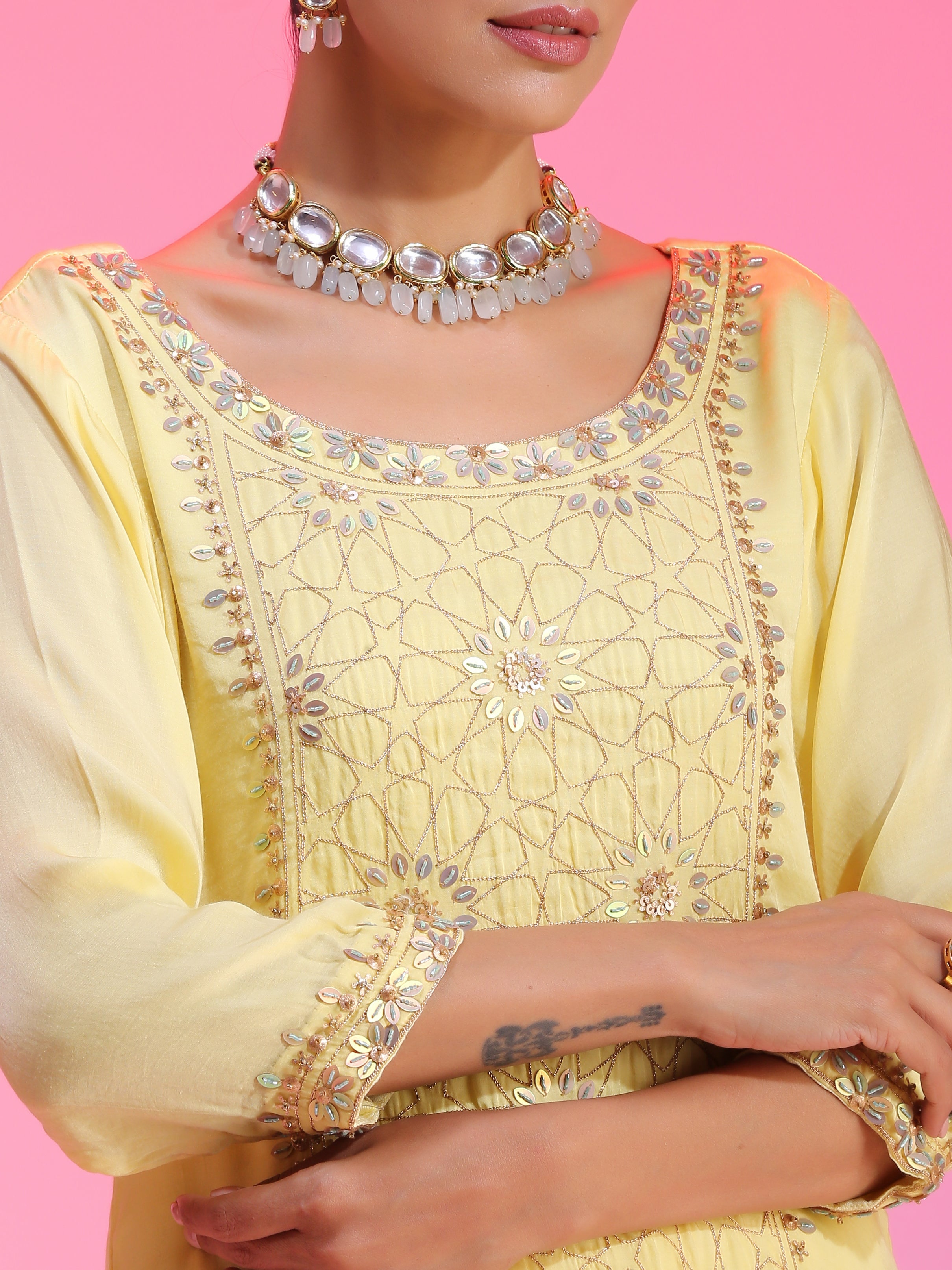 Lemon Yellow Satin Cupro Zari Sequin Kurta Kalidar Pants Net Dupatta