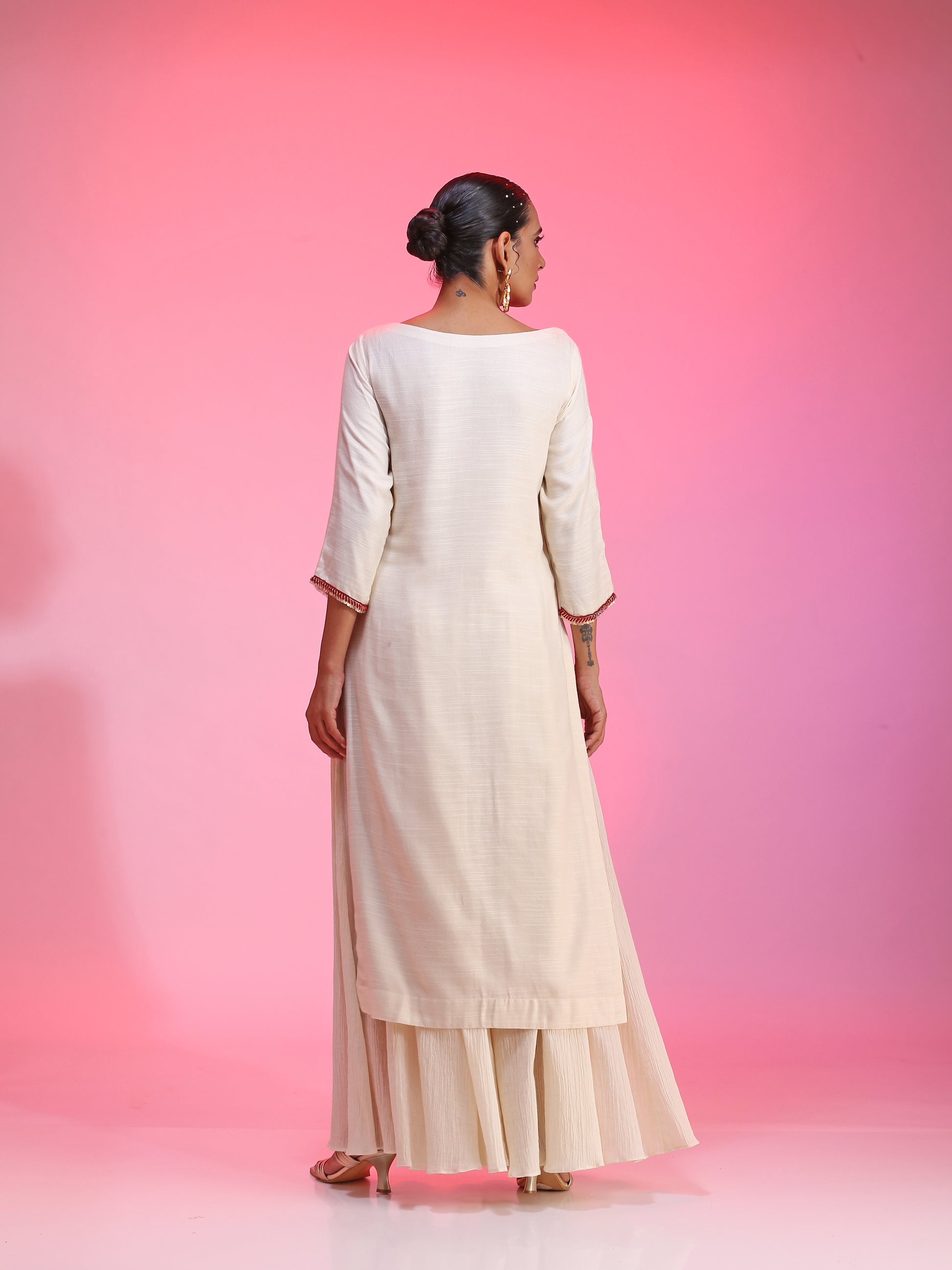 Ivory Modal Resham Dabka Beaded Kurta Palazzo Net Dupatta Set