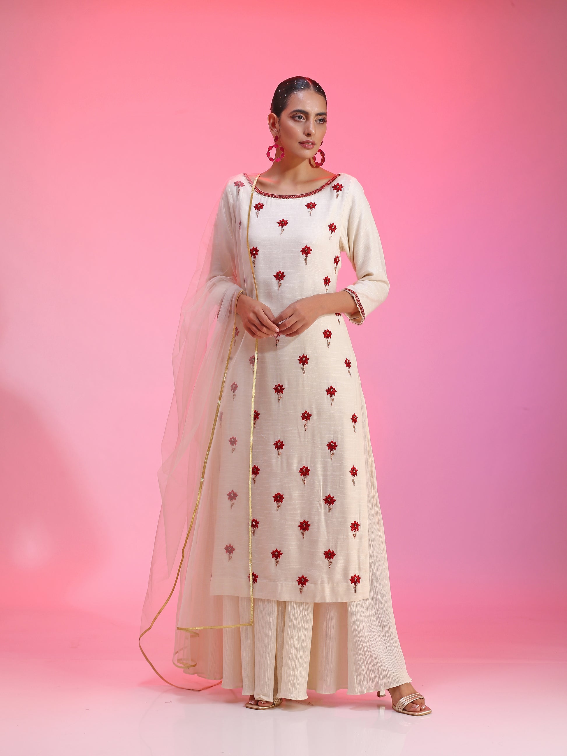 Ivory Modal Resham Dabka Beaded Kurta Palazzo Net Dupatta Set