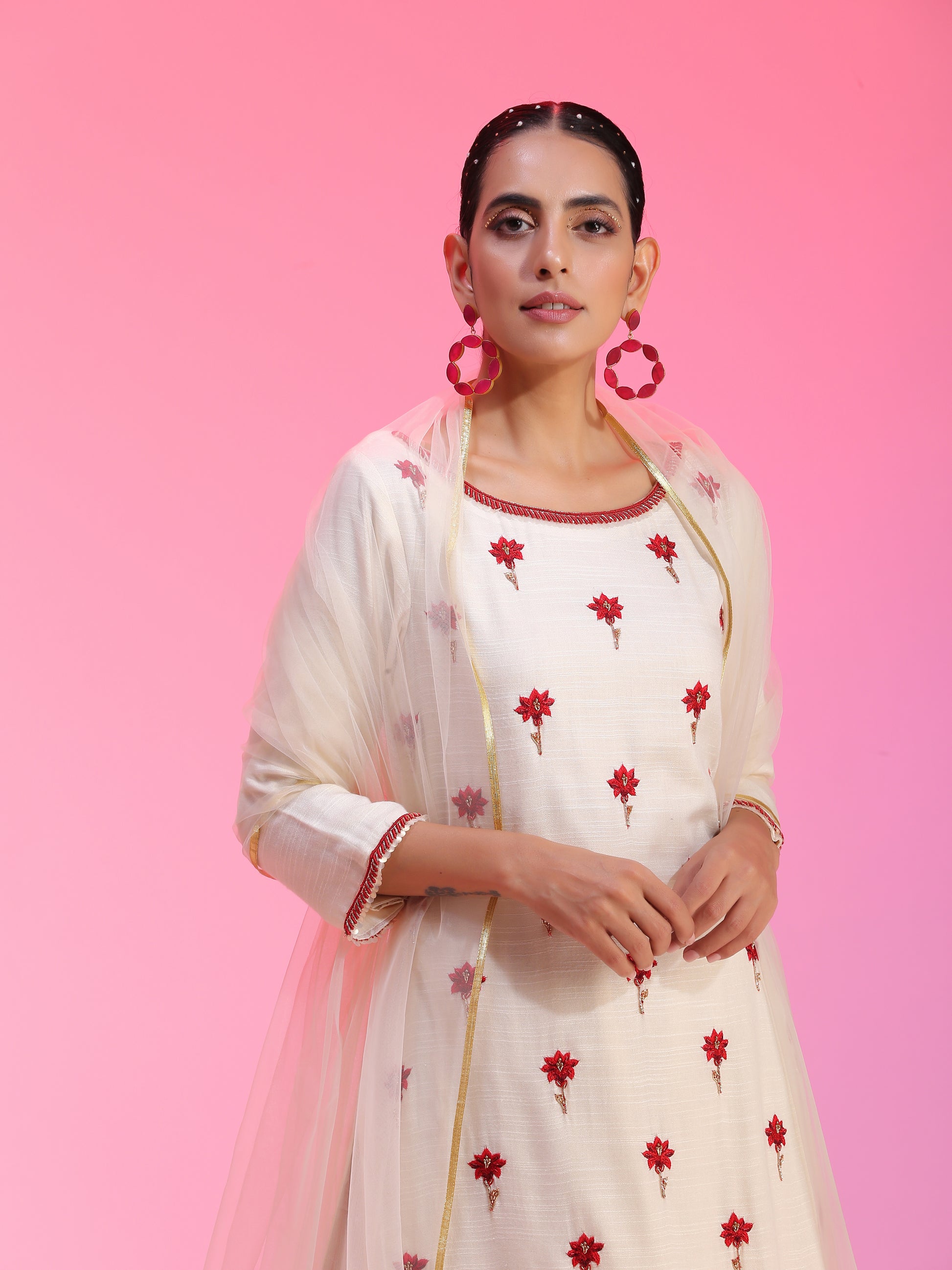 Ivory Modal Resham Dabka Beaded Kurta Palazzo Net Dupatta Set