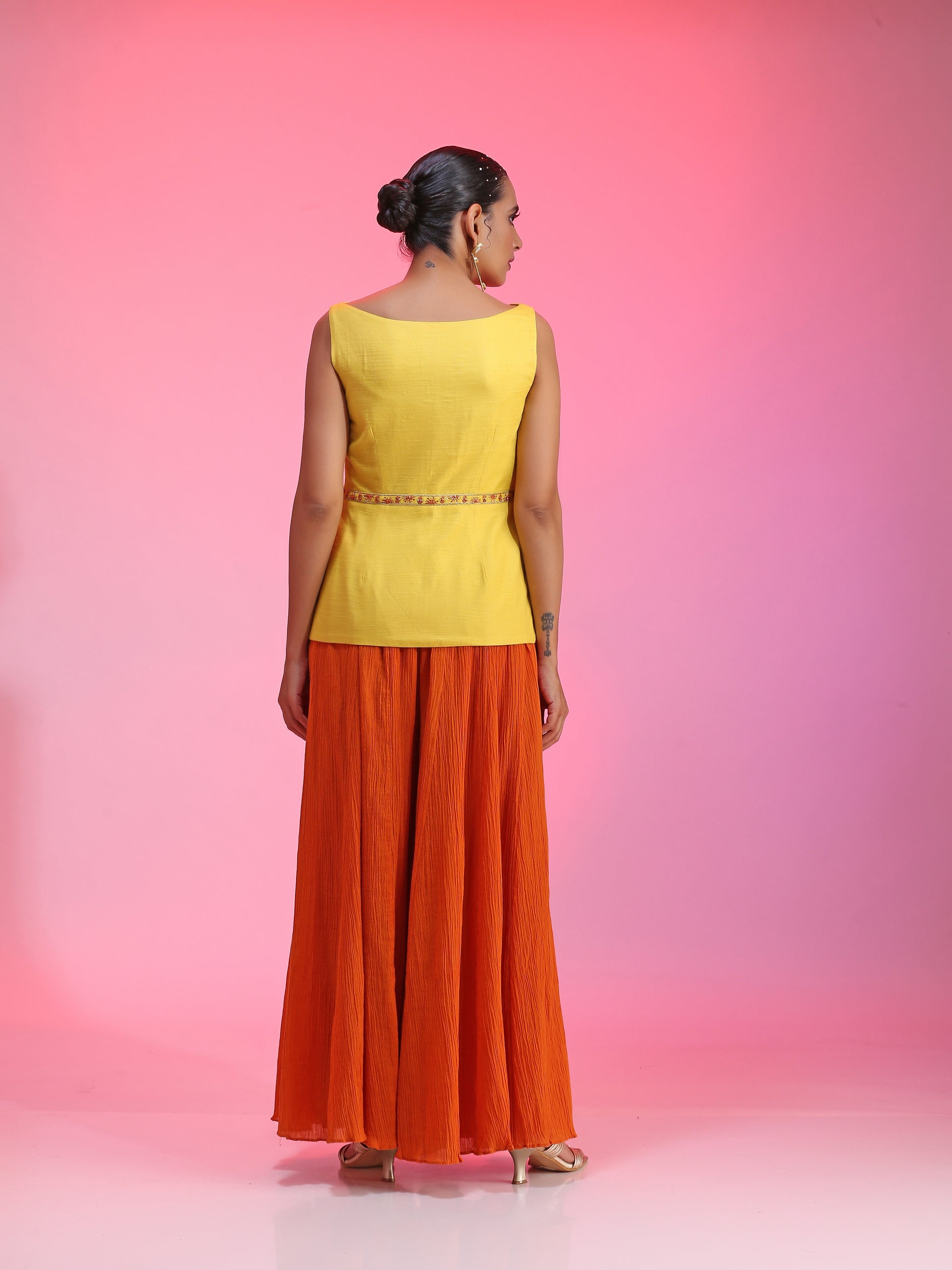 Ivory Yellow Orange Cotton Silk Sequin Gotta Kurta Petal Pants Set